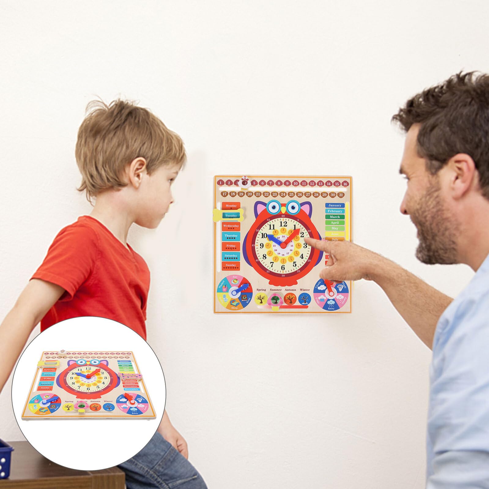 NOLITOY Reloj de Madera Educativo para Reloj Didáctico de Búho para Aprendizaje de Clima y Estaciones Juguete de Desarrollo Cognitivo para Alumnos de Años Infantiles