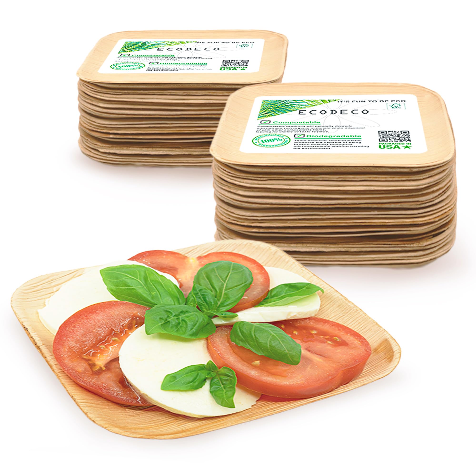 ECODECO 50 platos desechables de hoja de palma de 6 pulgadas, ecológicos como platos de fiesta de bambú para aperitivos o postres