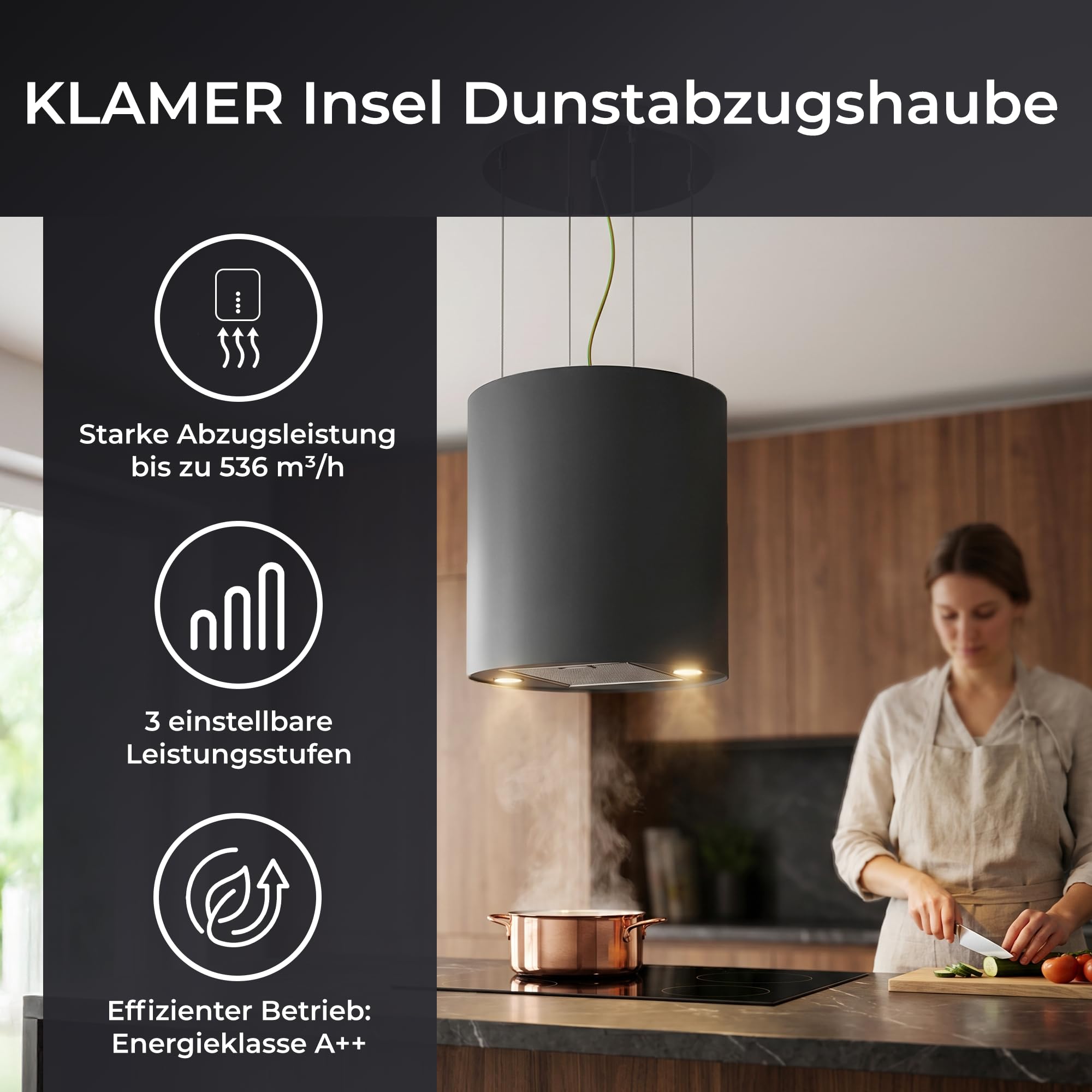 Klamer Inselabzugshaube Schwarz 536 m³/h Dunstabzugshaube Freihängend Umluft & Abluft A++ 3 Stufen LED