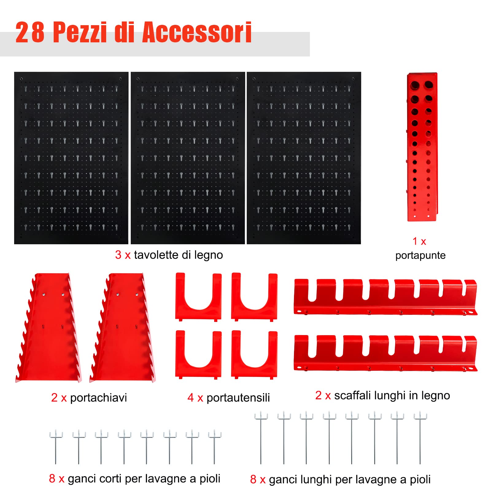 COSTWAY Pannello Forato Portautensili Parete per Attrezzi, Kit per Conservazione degli Attrezzi con 3 Pannelli Forati 25 Accessori, Ideale per Officina e Garage,120 x 60 x 2,5 cm