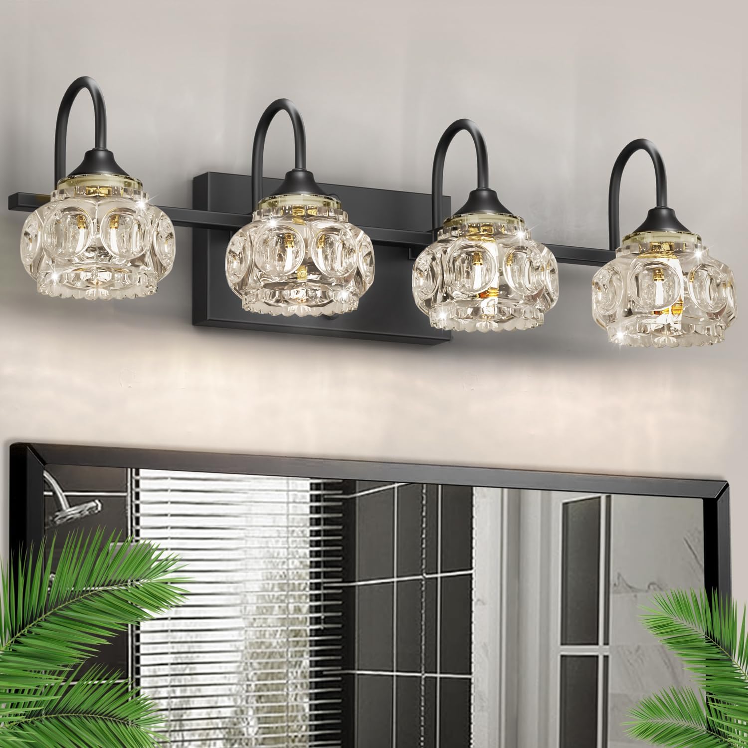 4-Light Bathroom Vanity Light Fixtures, Matte Black Modern Vanity Lights with Crystal Glass Shade, Over Mirror Modern Wall Lights for Kitchen Dinning Room Bedroom Balcony Hallway Black 4-Light