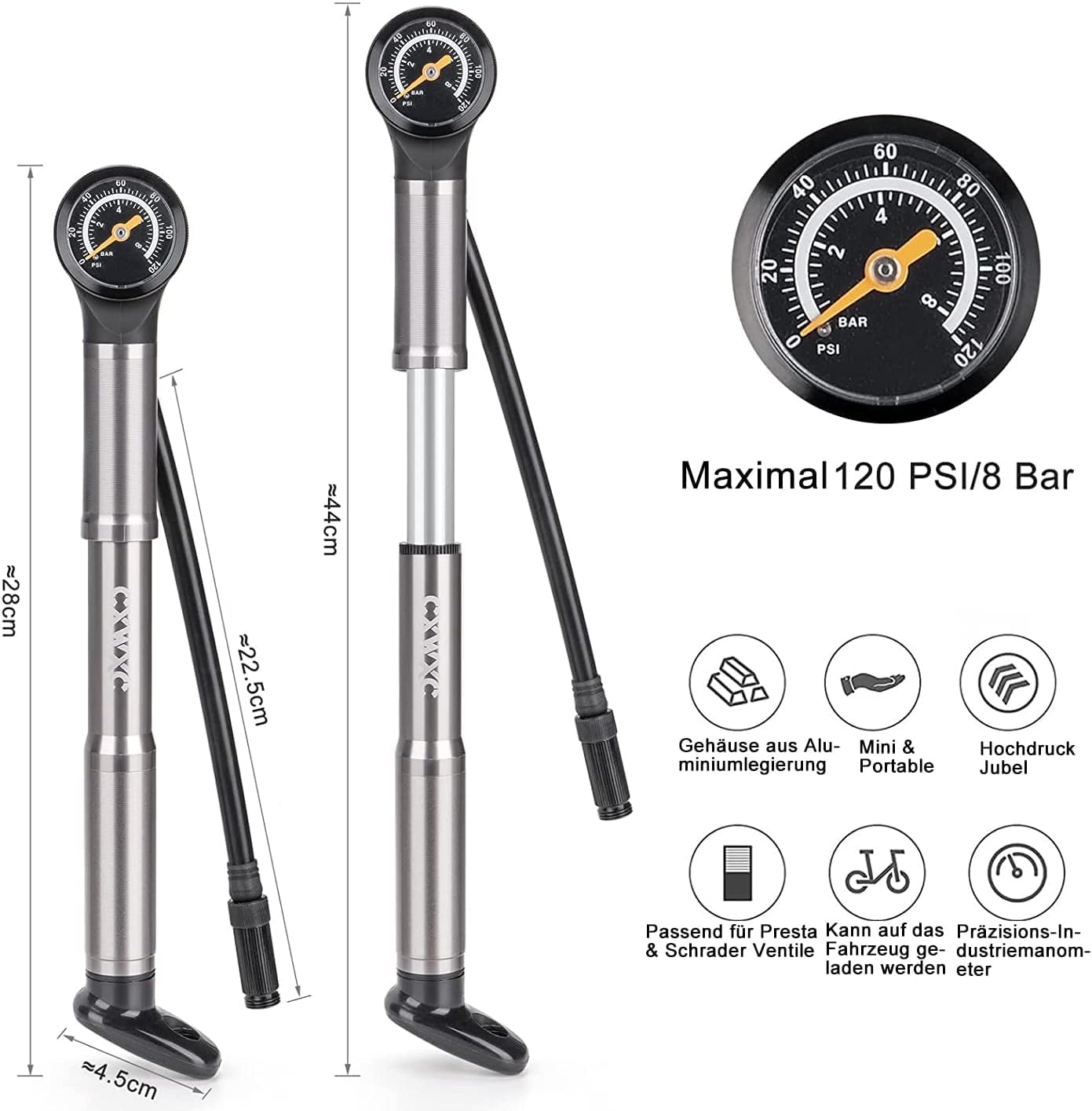 CXWXC Pompa per bicicletta mini pompa per bicicletta da 120 psi con manometro, pompa a telaio per valvole Presta e