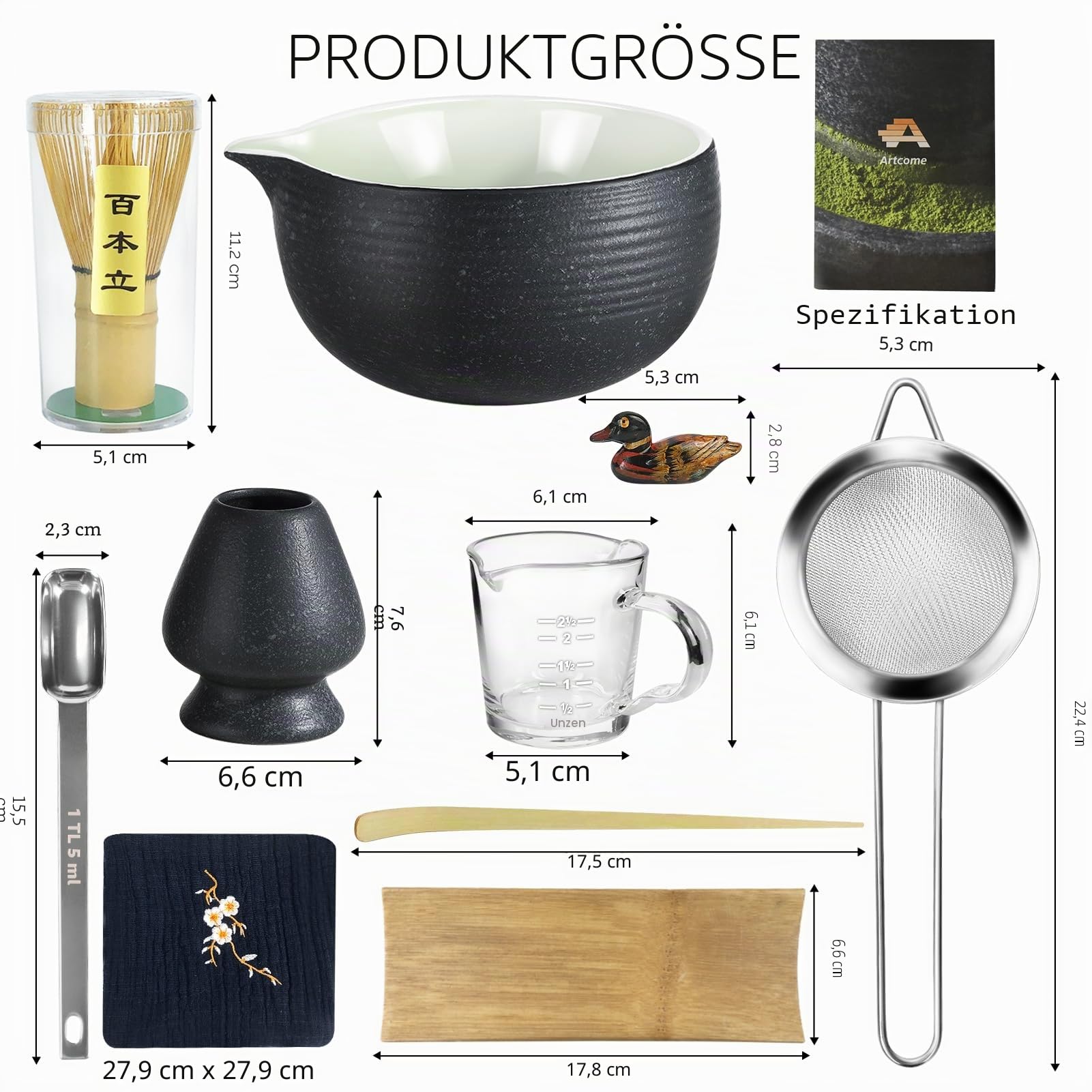 Artcome Bluestone Glaze Matcha-Kit für Japanische Teezeremonie - Schüssel Mit Ausgießer, Schneebesen, Teeschaufel, Pulversieb - Teeset für Usucha, Koicha und Matcha-Herstellung