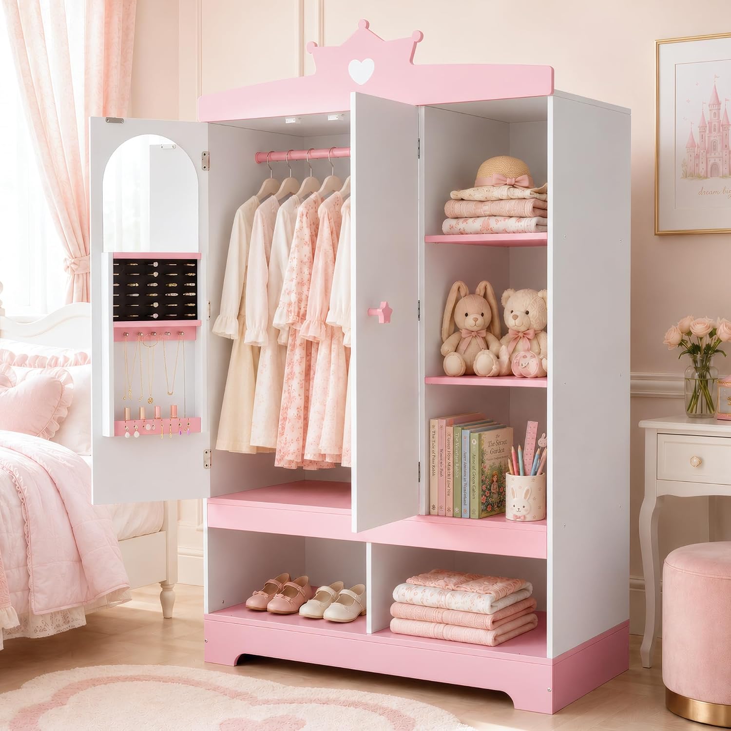 Kids Armoire Dress Up Storage, Kids Wardrobe Closet with Mirror and Jewelry Cabinet for Little Girls, Princess Storage Dresser with Door, Hanging Rack, Shelves, Kids Costume Organizer for Bedroom