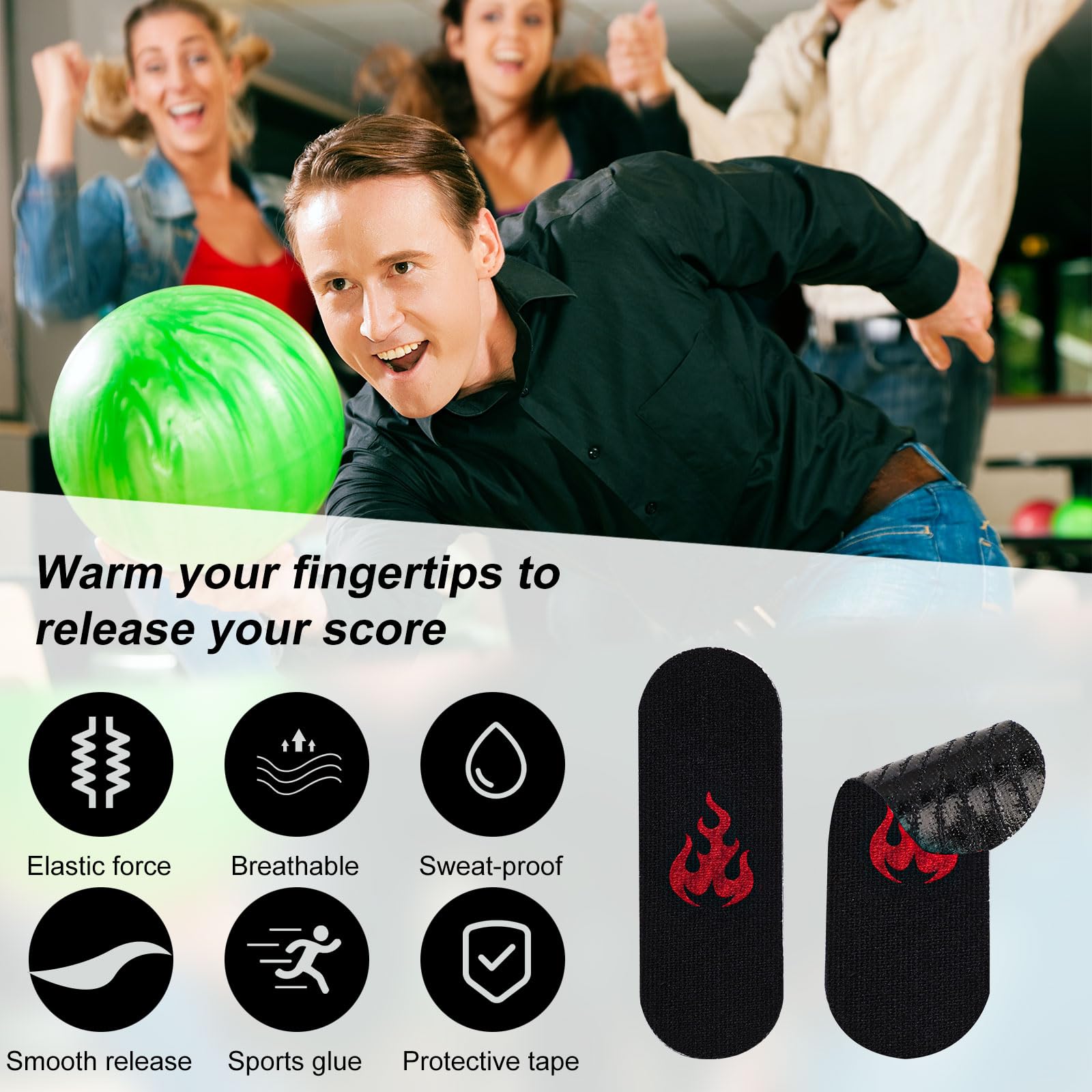 BOXOB 120pcs Ruban Adhésif Pouce Bowling Flamme, Anti-Transpiration Ruban Doigts pour Joueurs Pré-Coupé Protège-Pouce pour Hommes Femmes Accessoires de Bowling Meilleure Prise & Confort