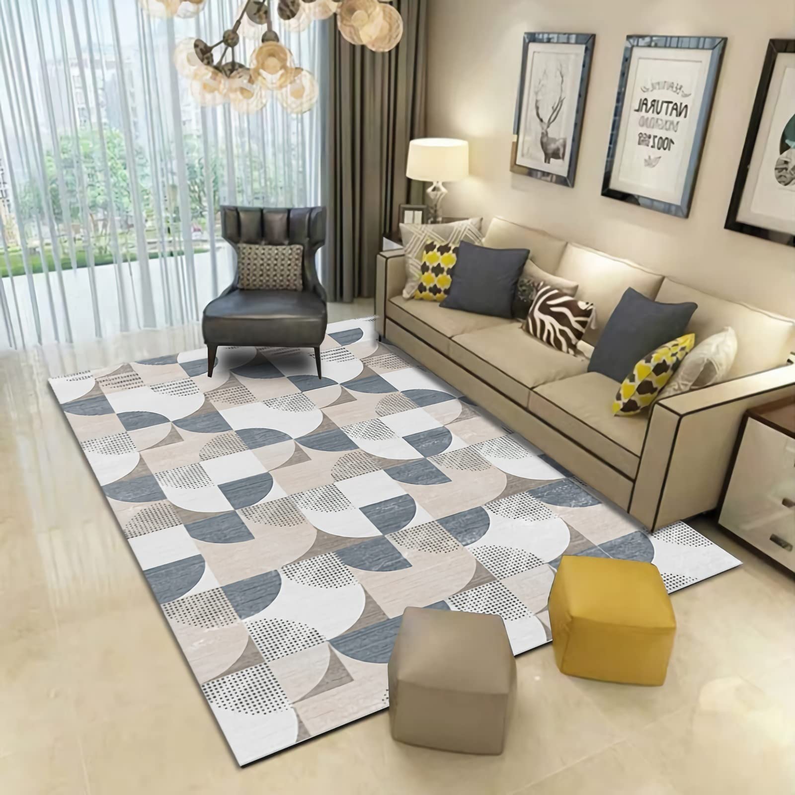 Dywan w stylu vintage, niebieski, brązowy, geometryczny design, można prać, antypoślizgowy dywan, można prać w pralce, 160 x 230 cm