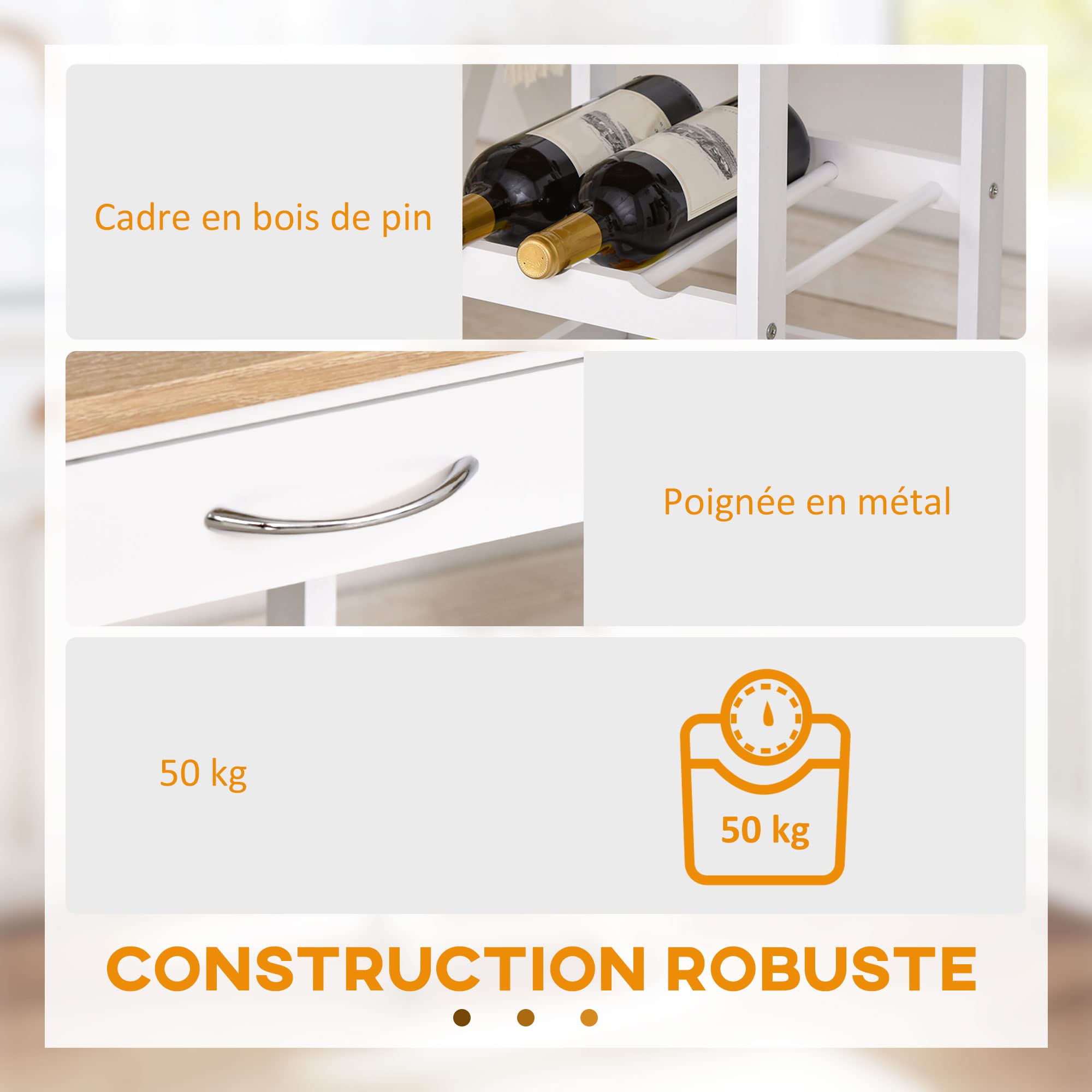 HOMCOM Chariot de Service à roulettes Tiroir Bois de Pin Blanc Chêne Clair | Desserte de Cuisine, Plateau Amovible, Tiroir, Bois de Pin MDF