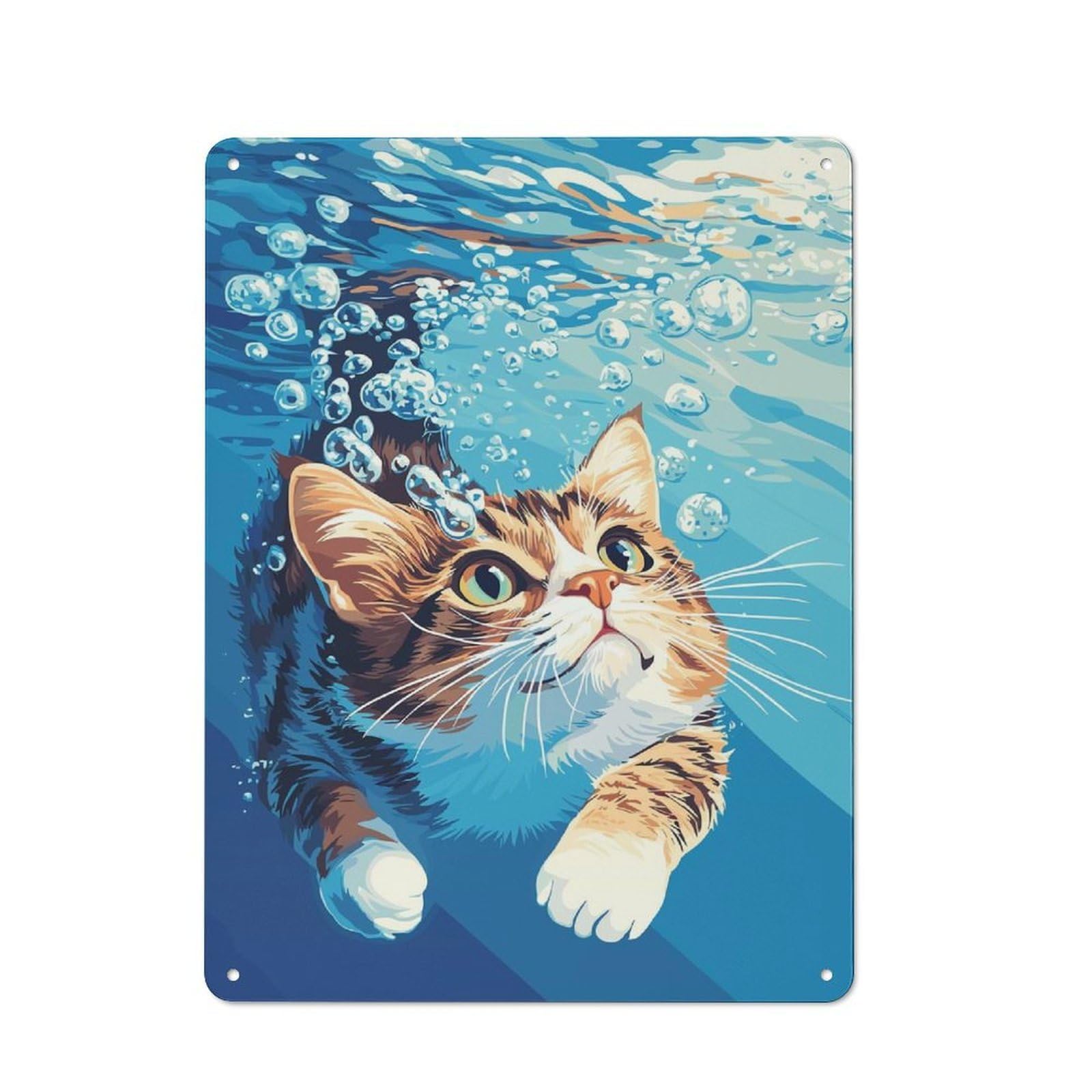 Junmoney Style-7 For Lounge Or Reading Corner, Cat Swimming Underwater With Bubbles Vintage Metal Sign 40X30cm, For Collectors Decorating Lounges And Reading Corners