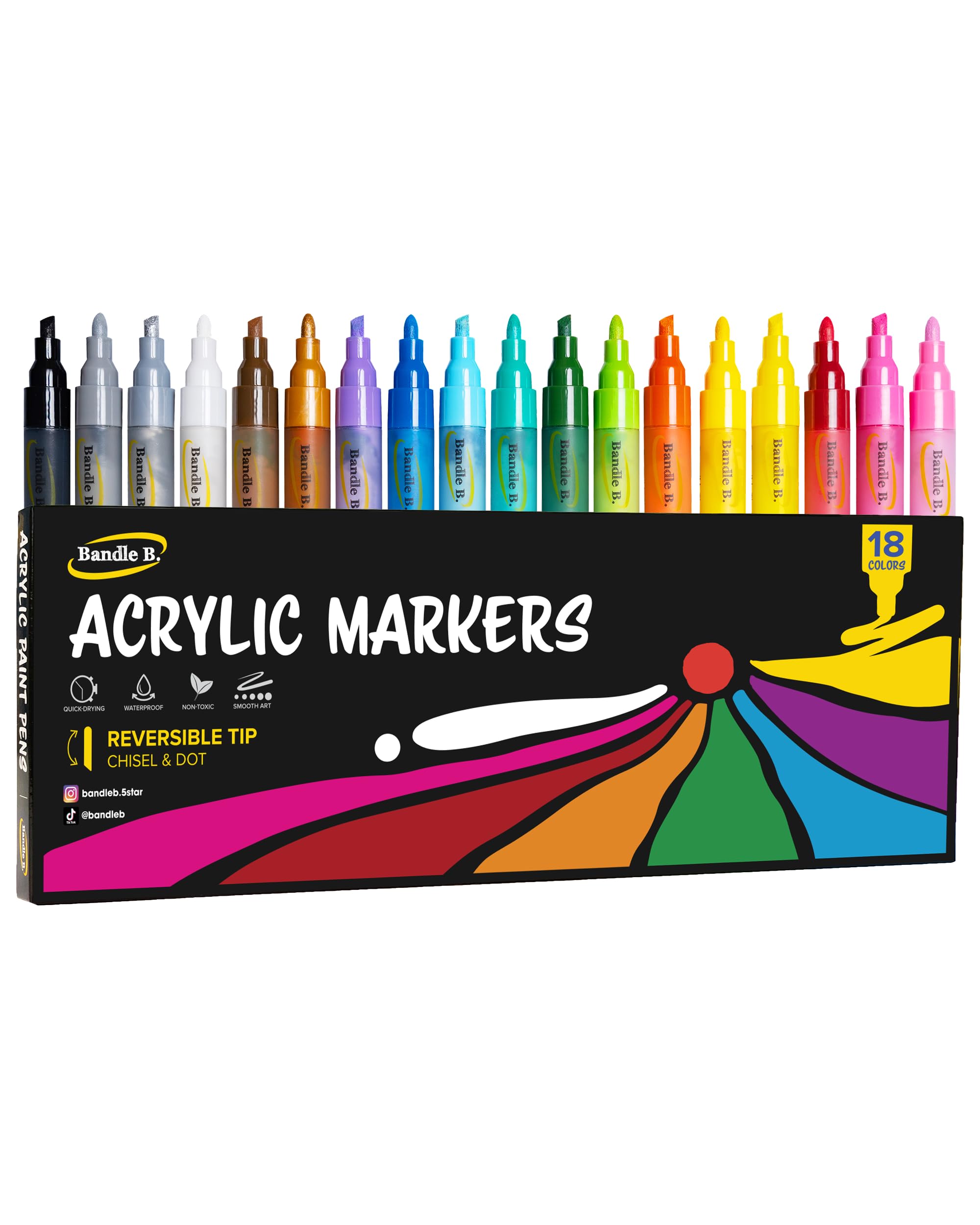 Bandle B. Acrylic Paint Markers – Set of 18 Paint Pens for Art, Fabric, Coloring, and Journaling–Quick-Drying, Waterproof, Non-Toxic, Reversible