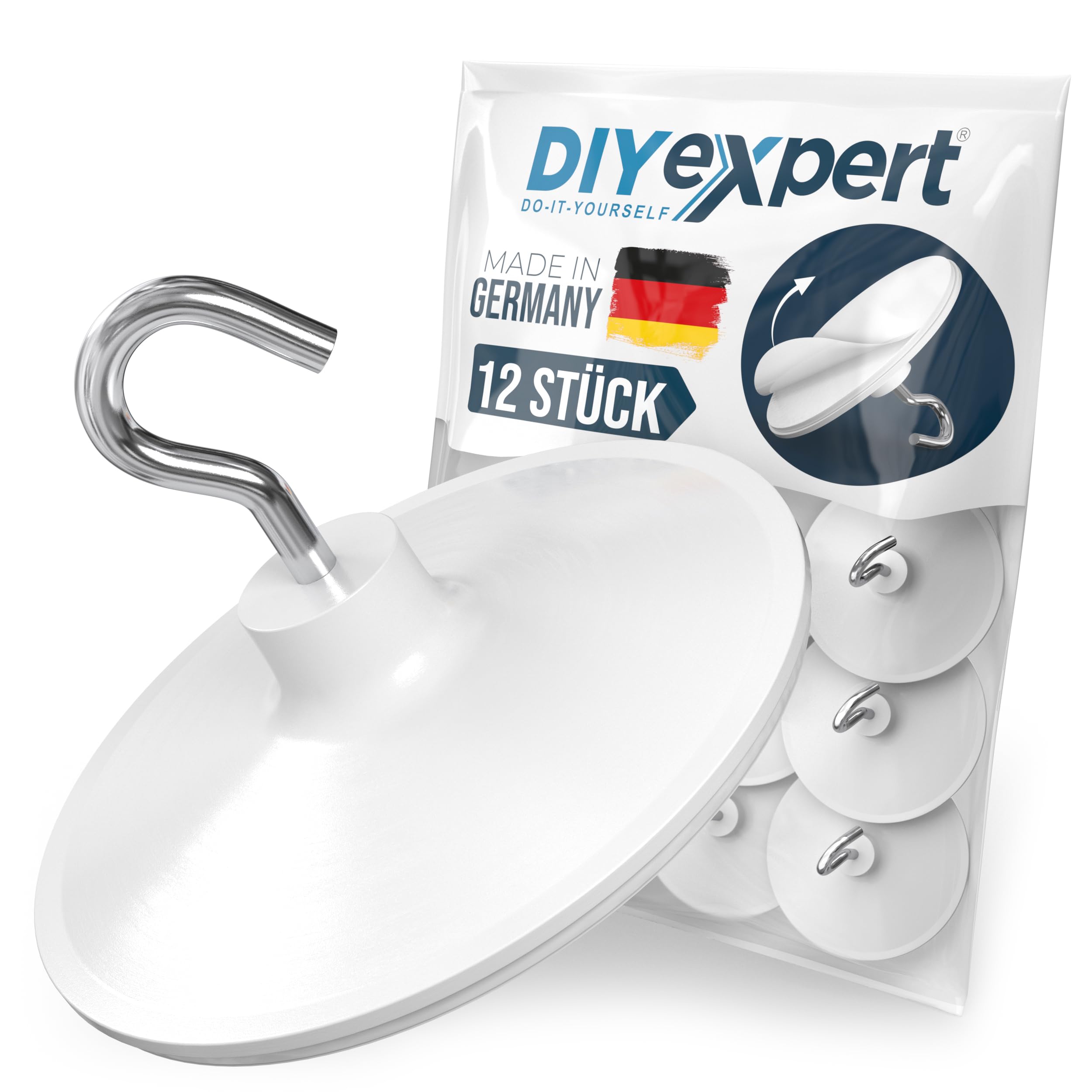 DIYexpert Deckenhaken selbstklebend | Made in Germany | [Mit Haken] [12 Stück] | Klebehaken für die Decke extra stark | Wandhaken ohne Bohren