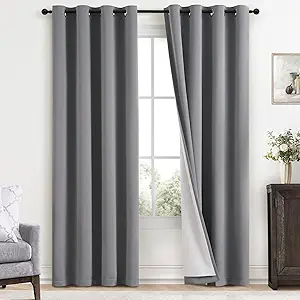 Yakamok Grey Room Darkening 100% Blackout Curtains Grommet Window Treatments with 2 Thick Layers-Gray Thermal Insulated Drapes Set of 2 Panels for Bedroom Living Room 52 Inches by 96 Inches Length