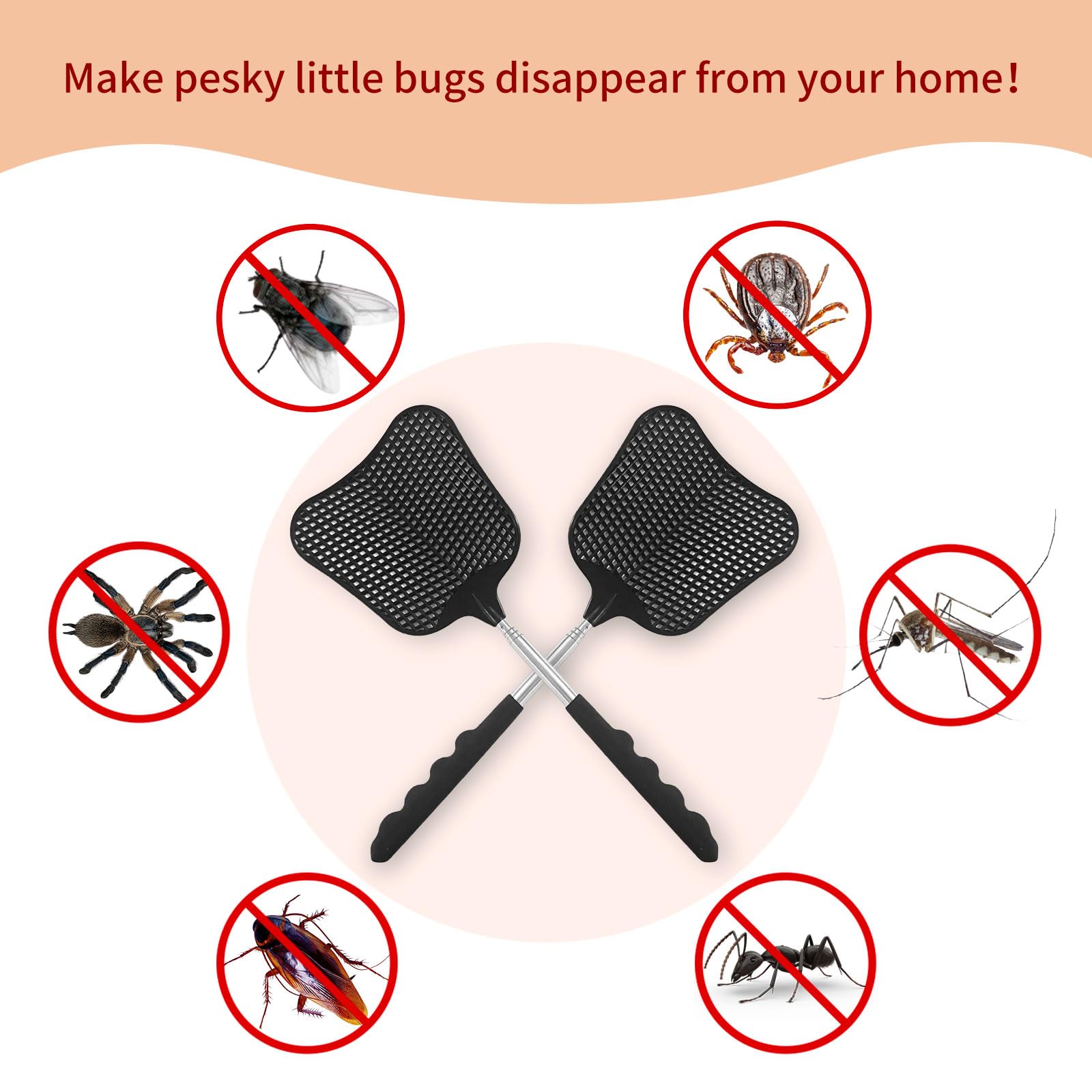 XEHAHOSH Fly Swatters 2 Pack, Durable Telescopic Stainless Steel Handle 1