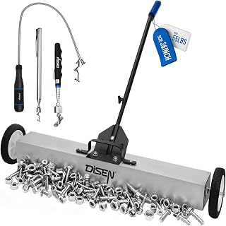 DISEN 36-Inch Rolling Magnetic Sweeper with Wheels 40-Inch Telescoping Adjustable Handle 55-Pound Capacity with 3 Pack Telescoping Magnet Pick-up Tool Set Heavy-Duty Magnet to Pick Up Nails