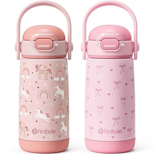Fimibuke Toddler Water Bottle, 14oz Kids Insulated Cups with Straw Lid | BPA FREE 18/8 Stainless Steel Metal Tumbler Leak Proof Double Wall Vacuum Kids Cup Toddler Water Bottle for School Boys Girls