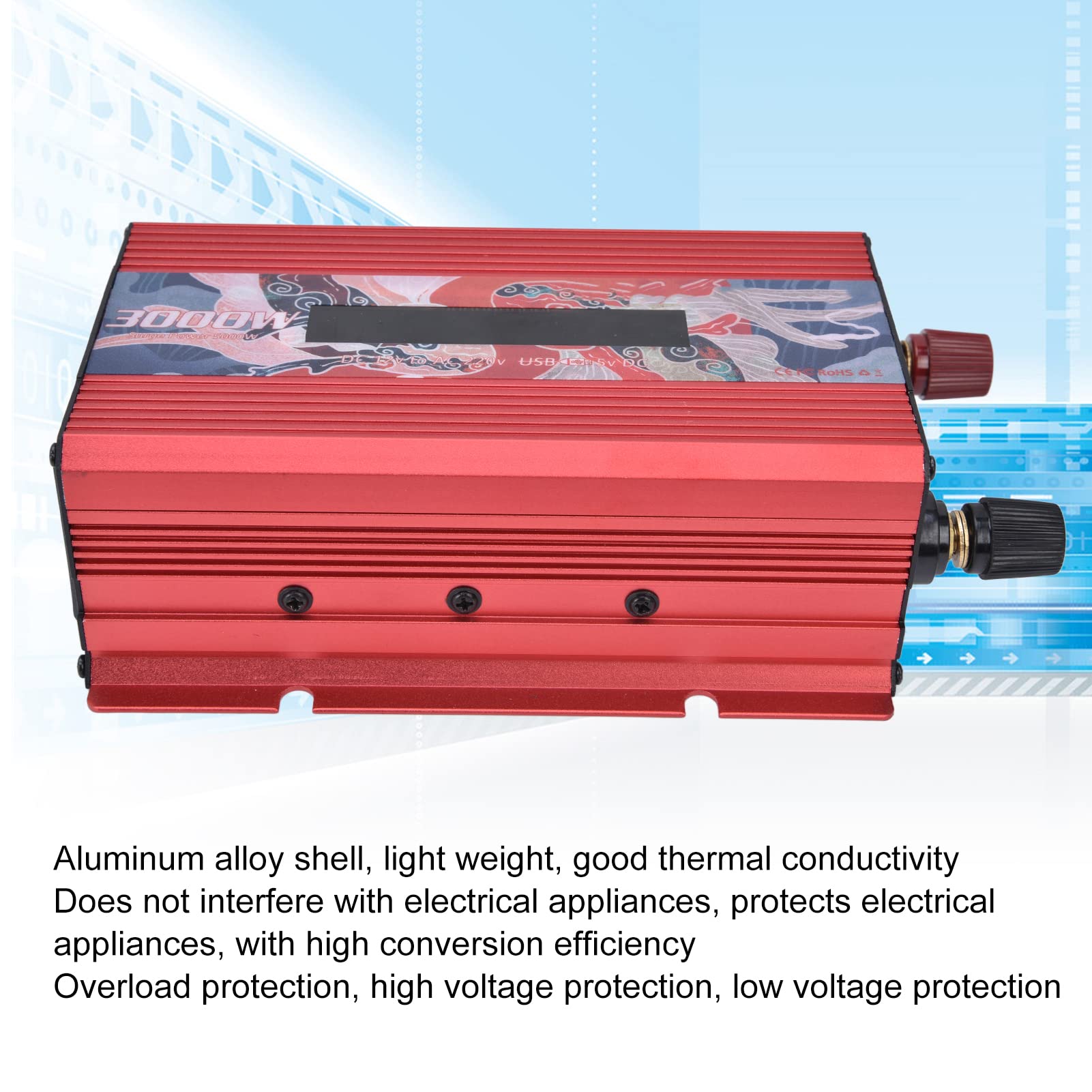 Wechselrichter, Stromrichter aus Aluminiumlegierung, 3000 W, Intelligenter Stromrichter mit Anzeige, DC12V-zu-AC220V-Wechselrichter für Haushaltsgeräte, Wohnmobile und Mehr (Rot)