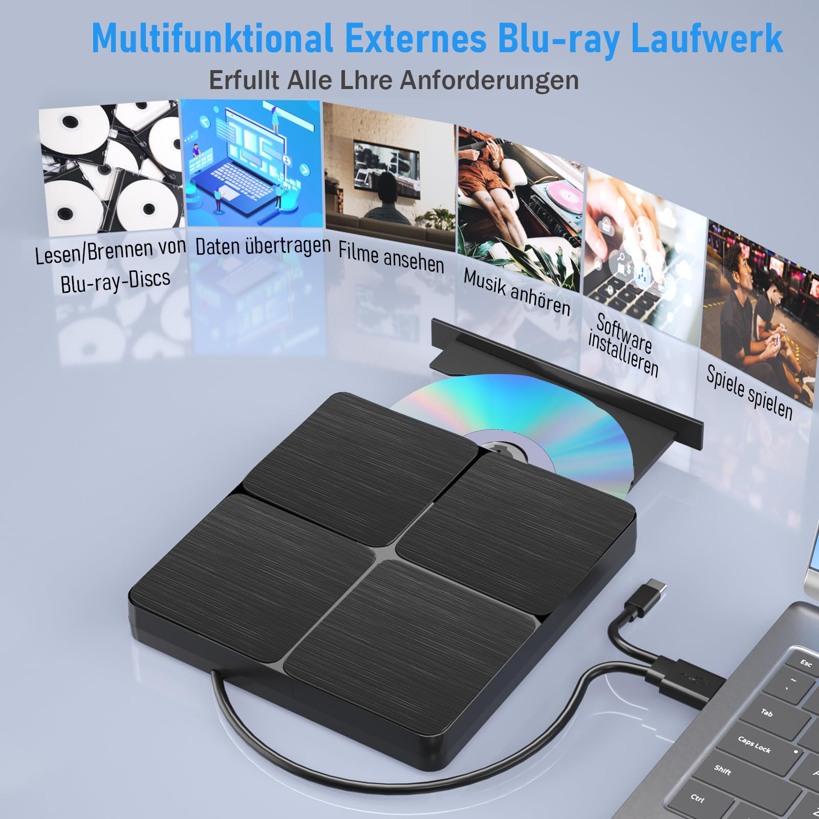Yaeonku Externes Blu Ray CD DVD Laufwerk, USB 3.0 Typ-C 3D Bluray CD DVD BD Brenner Player Schlankes Bluray DVD Laufwerk für MacBook Laptop Desktop PC Laptop Kompatibel mit Mac OS Windows XP/7/8/10/11