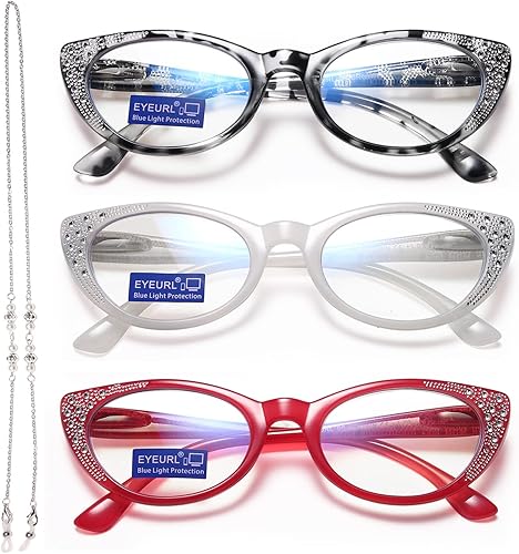 EYEURL Gafas de lectura de ojo de gato para mujer, bloqueo de luz azul, paquete de 3 lectores de computadora, bisagra de resorte 3.0, anti UV, marco