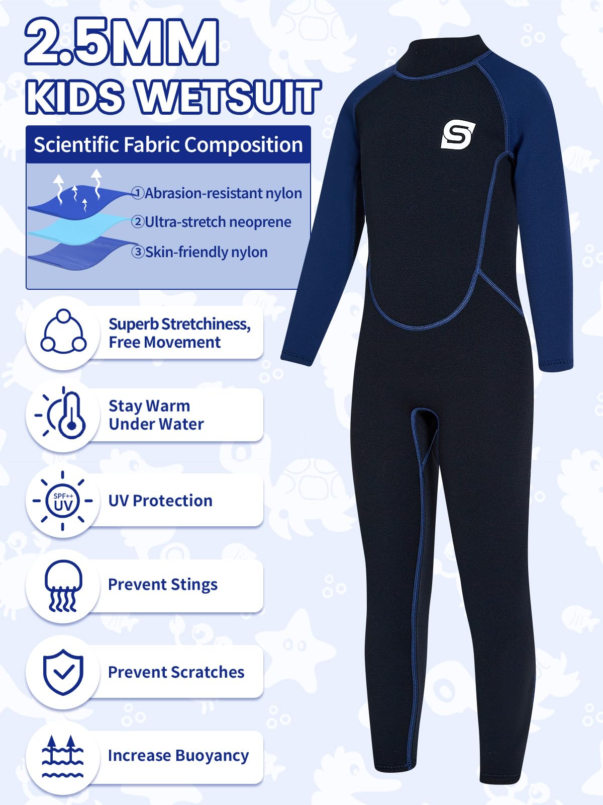 Traje de neopreno para niños y niñas, 2.5 mm con protección UV50+, mantiene el calor, suave y elástico, para natación, esnórquel y surf