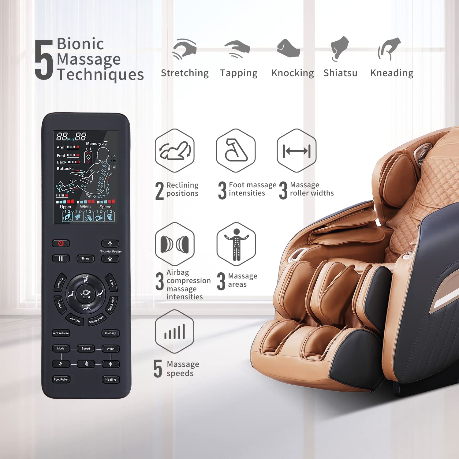 Massagesessel A350BR - 12 Massageprogramm, 24 Airbags Shiatsu Zero-Gravity elektrischer Massagestuhl mit Wärmefunktion, bionischen Massagetechniken, USB, Bluetooth, Für Zuhause und Büro