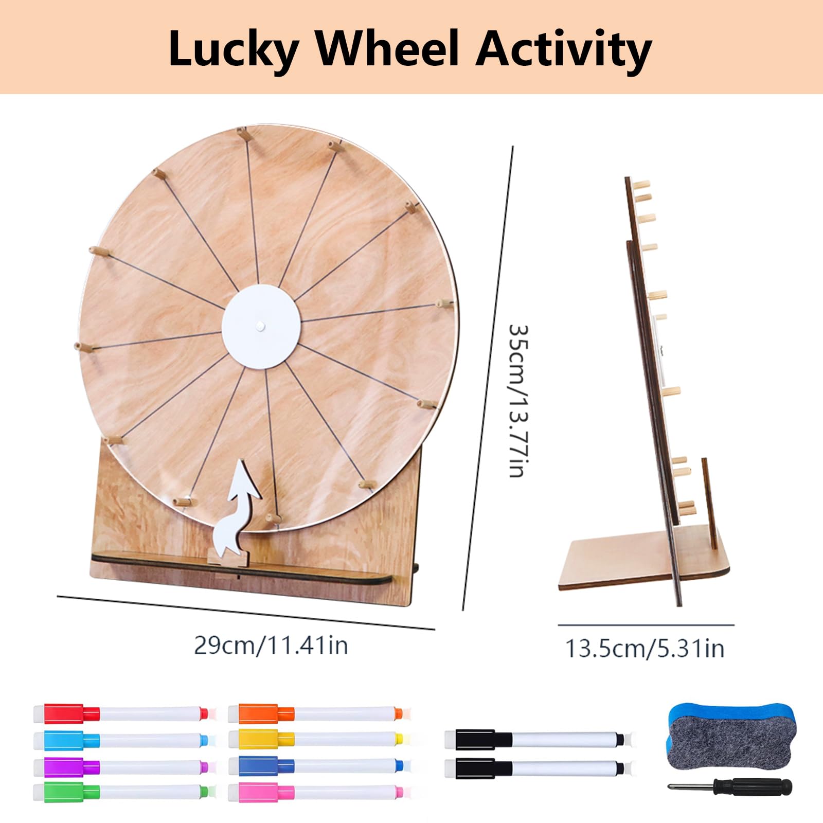 Kołos fortuny, 35 cm, 12 otworów, personalizowane kołos z markerem, drewniane kołowrotki, duży zestaw kółek, obrotowe koło z nagrodami na karnawał, jarmarki i gry