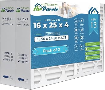 AirPurete 16x25x4 MERV 13 Air Filter, Pack of 2, Actual Size 15.50 x 24.50 x 3.75, Pleated HVAC Furnace Filter, Fits Lennox, Carrier, Bryant, Payne & Honeywell Devices