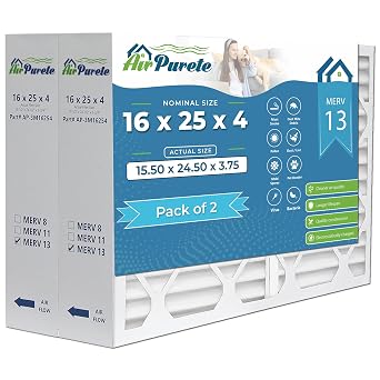 AirPurete 16x25x4 MERV 13 Air Filter, 2-Pack, Actual Size 15.50 x 24.50 x 3.75, Pleated HVAC Furnace Filter, Replacement for 3M Filtrete, Carrier, Bryant, Payne & White Rodgers