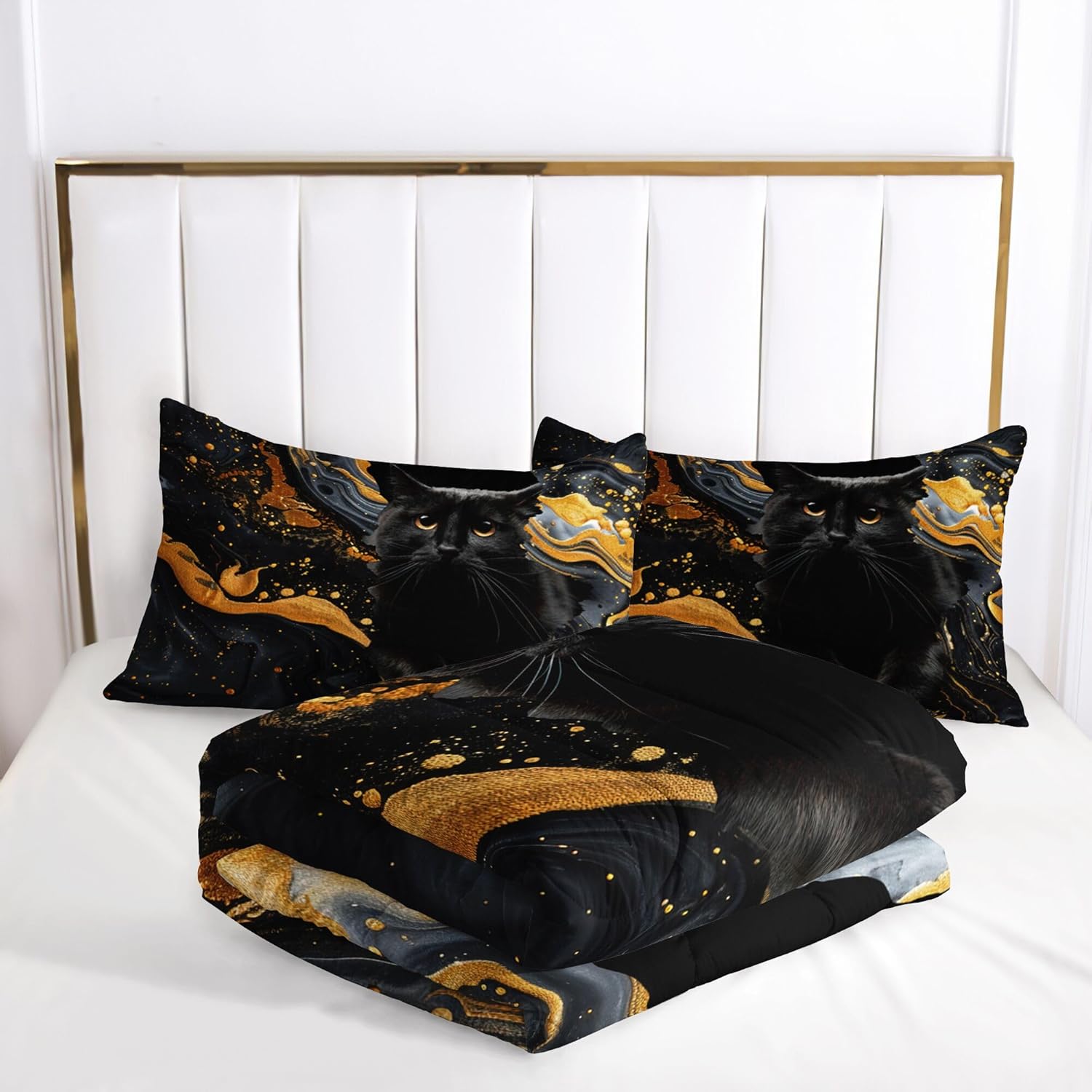 Suncloris Cute Cat Comforter Set, Black Gold Marble Cat Bedding Bedspread for Kids and Adults, Kitty Lover's Animal Themed Quilt Bedroom Decor with 2 Pillow Cases (MarbleCat, Twin)