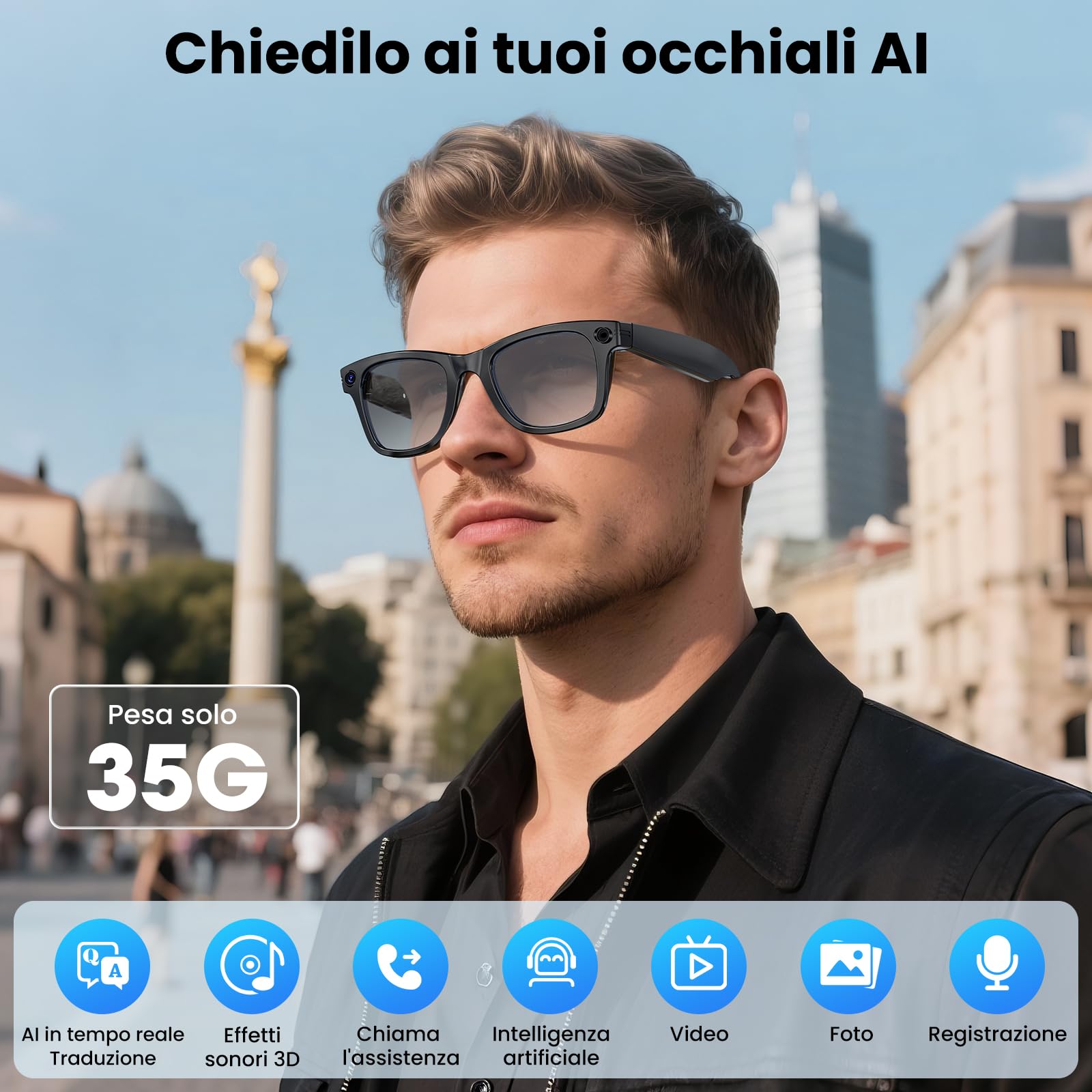 Occhiali con Telecamera 8MP, Smart Glasses Ai con Chiamate Bluetooth & WIFI, Occhiali Intelligenti con Traduzione AI in Tempo Reale/Riconoscimento di Oggetti, Occhiali Da Sole Bluetooth Uomo Donna