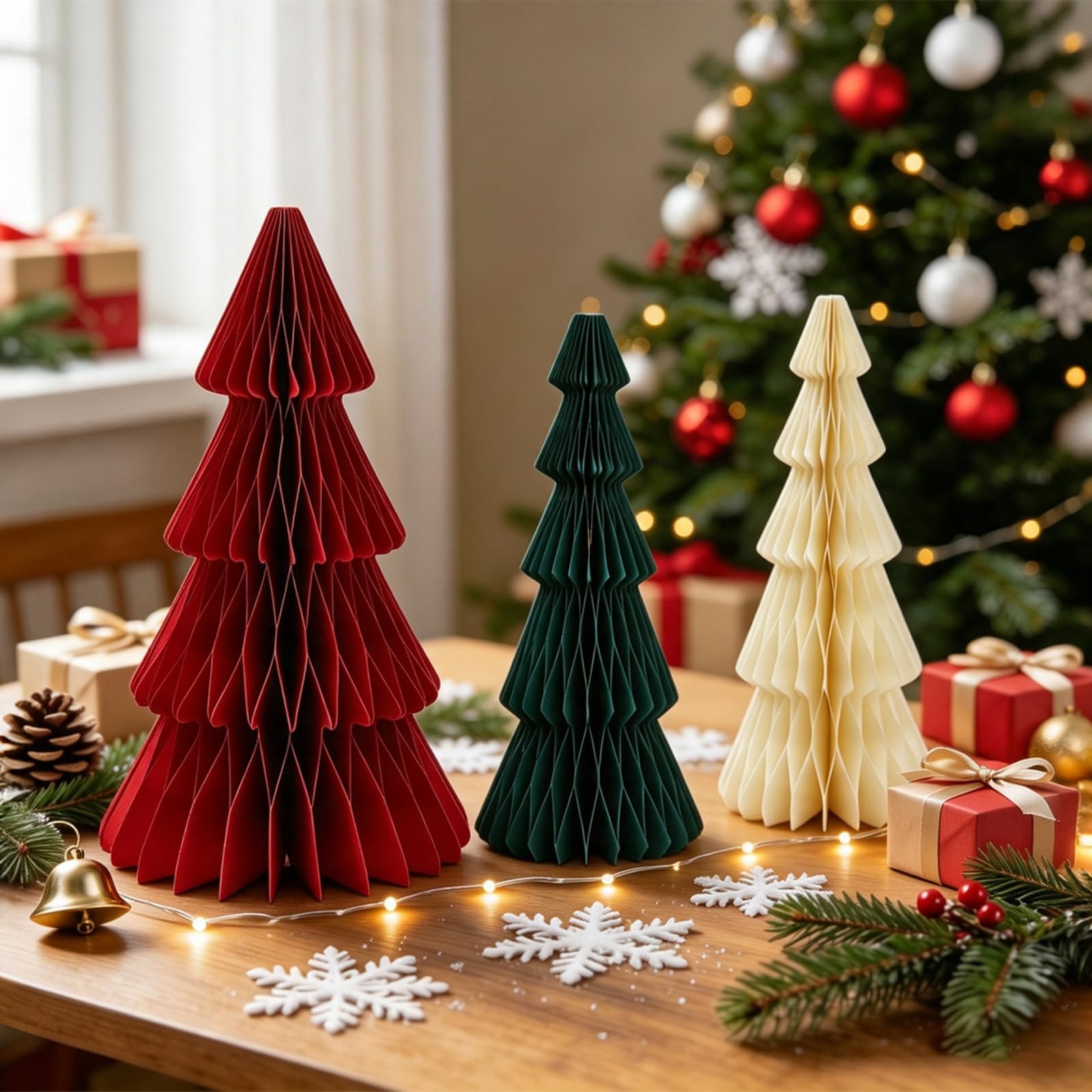 3Pcs Paper Christmas Tree Decoration, 3D Christmas Table Decorations, 25cm/25cm/30cm Honeycomb Paper Christmas Trees with Magnetic Closure – Red, Green, White