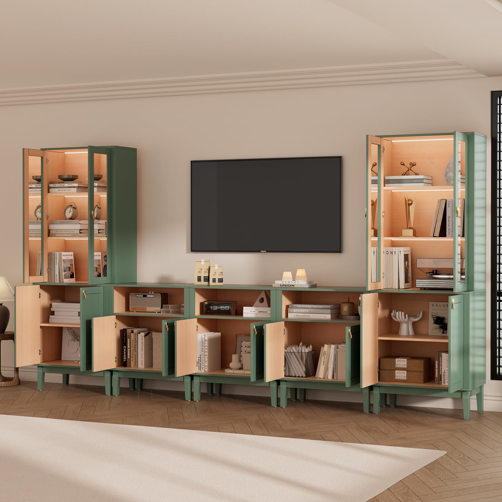 VOWNER Meuble TV Bibliotheque avec LED, 300 cm Grand Meuble Télé avec Portes en Verre pour TV jusqu'à 75 Pouces, Meuble TV Set, Buffet pour Salon, Cuisine, 300 x 180 x 40 cm (Vert, 5PCS)