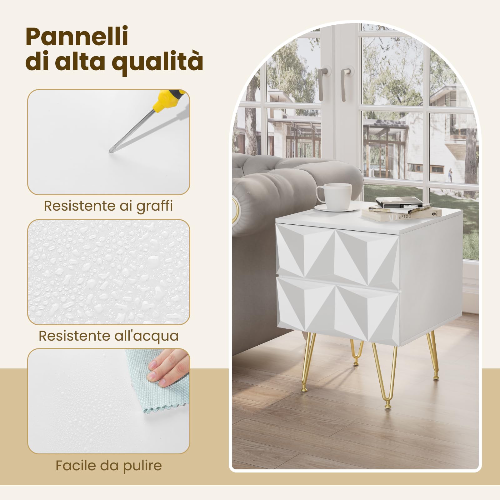 EUGAD Set di 2 Comodino per Camera da Letto, Comodino Bianco con 2 Cassetti e Gambe Dorate, 40x40x53cm, Tavolino da Salotto, Divano, Cameretta, Frontale in Rilievo, in Legno e Metallo, 0001CTG-2