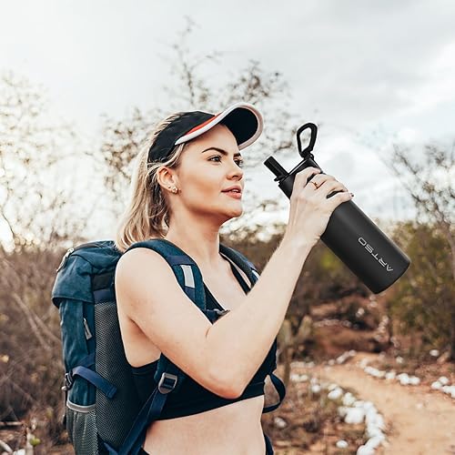 Miniatura 10 de ARTSO Botella de agua aislada de acero inoxidable de 24 onzas con popote y dos tapas doble pared aislada al vacío a prueba de fugas botellas de agua