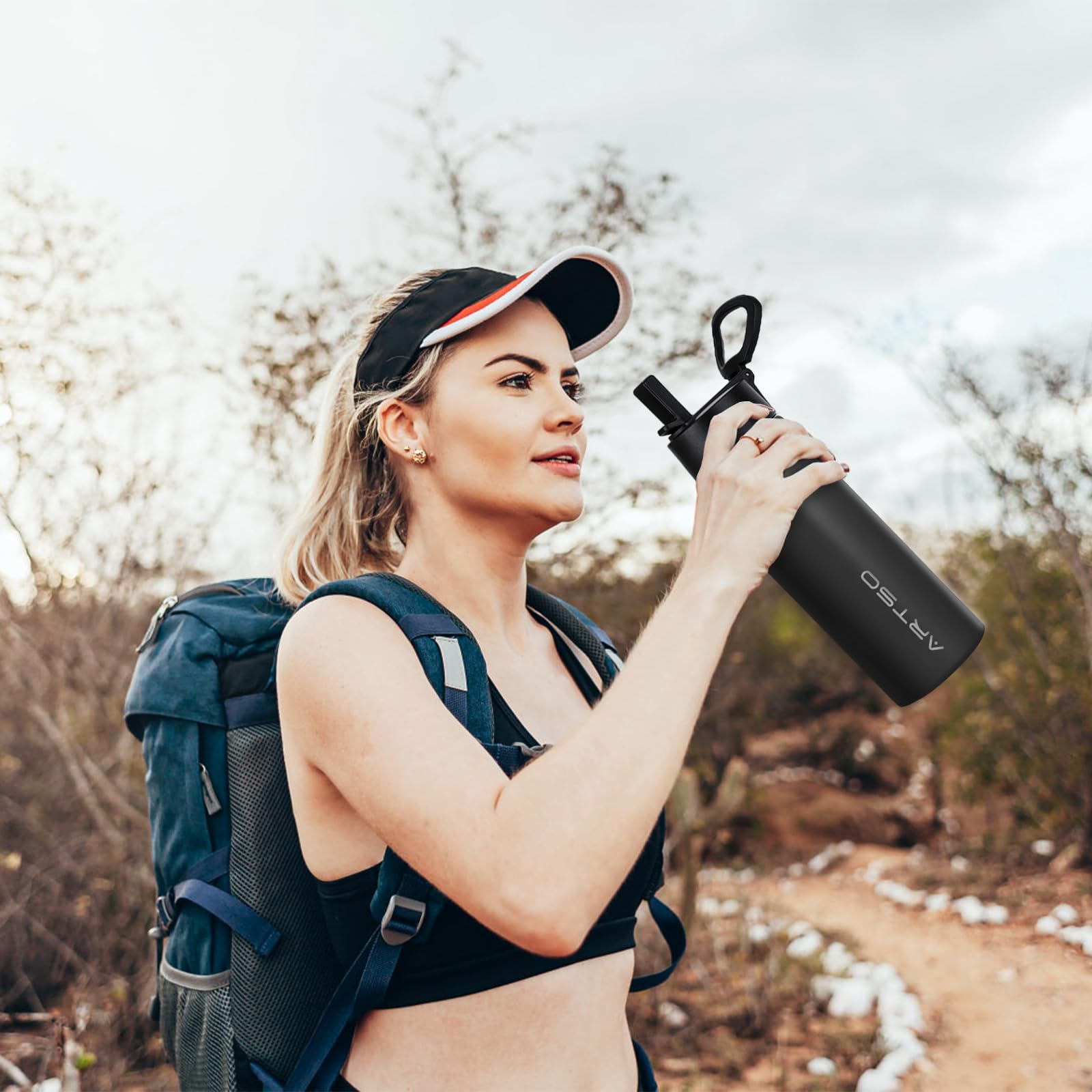 ARTSO 32 oz Insulated Water Bottle Stainless Steel Double Walled Vacuum Leak Proof Hot Cold Sports Water Bottle with 2 Lids (Straw and Spout Lid) for Gym Camping Hiking Travel, Cool Black