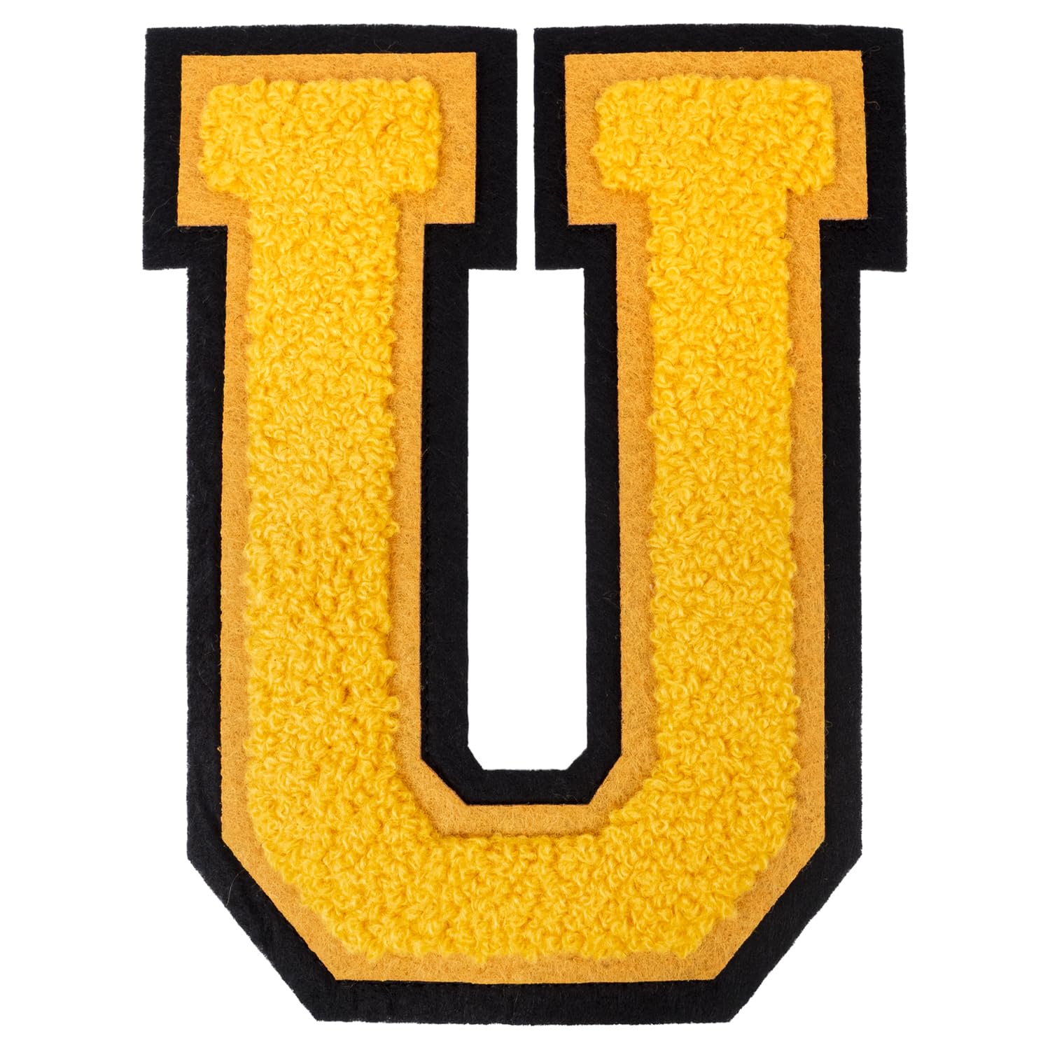 Photo 1 of 1 PCS 6 Inch Yellow Chenille Letters Patches - Iron On Varsity Alphabet, Large Letters for Clothing, Backpacks, Hats, Jeans with Black Border (U)