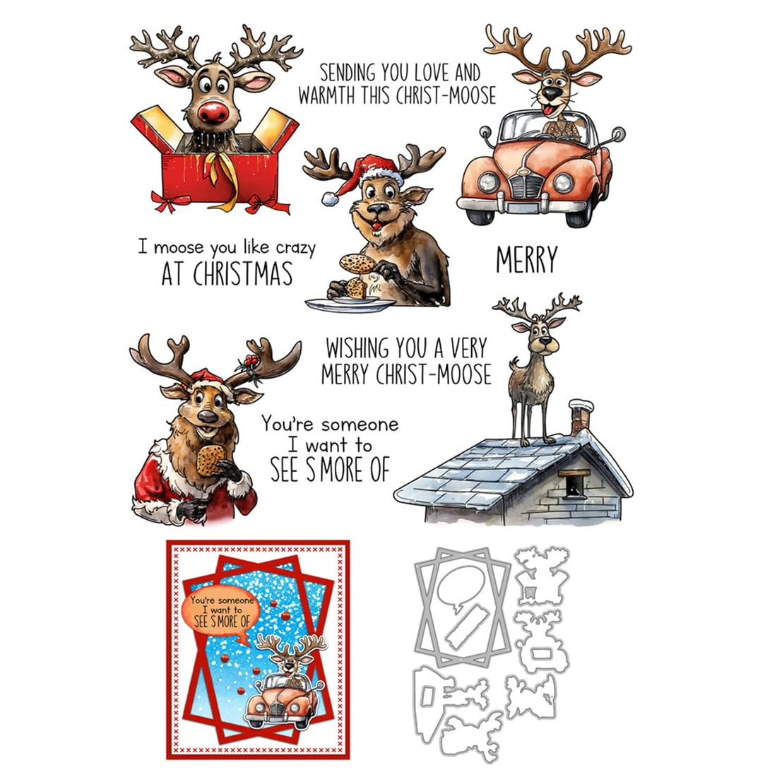 Christmas Deer Santa Hat Clear Stamps and Cutting Dies Sets for Card Making
