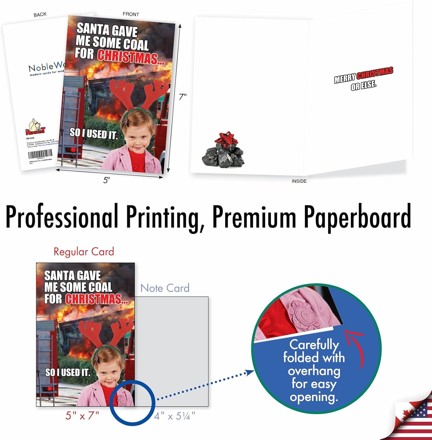 NobleWorks - 12 Merry Christmas Greeting Cards Boxed - Funny Xmas Cards with Envelopes, Holiday Humor (1 Design, 12 Cards) - Coal for Christmas B1850