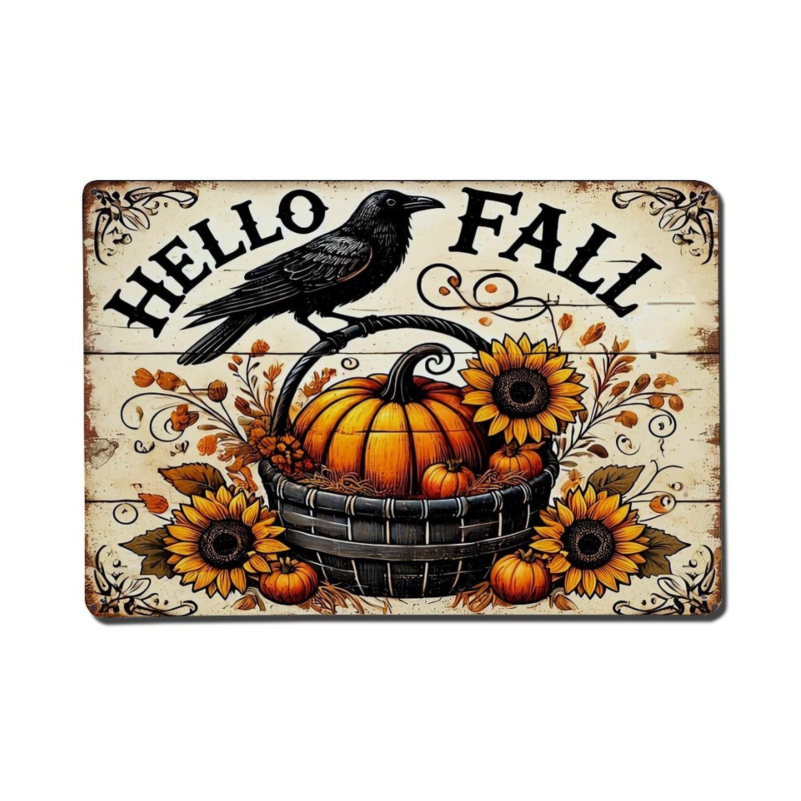 Hello Fall Crow Pumpkin Sunflower Tin Sign Metal Poster Vintage Metal Signs for Home Man Cave Bar Cafe Kitchen laundry room Wall Decorations Gift 8x12Inch