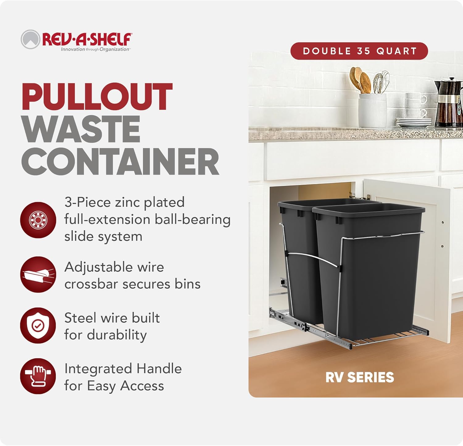 Rev-A-Shelf RV-18KD-18C S Double Pullout Trash Can for Kitchen Cabinets 35 Qt Garbage Recycling Bin on Full Extension Slides, Black