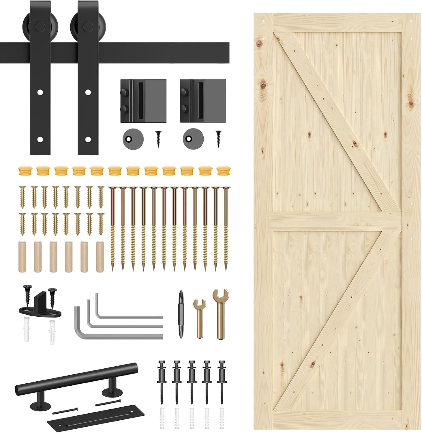 ROOMTEC 34in x 84in Heavy Duty Sliding Barn Doors with 5.7ft Hardware Kit Included & Handle Floor Guide, DIY Unfinished Solid Pine Barn Doors with Barn Door Track Kit