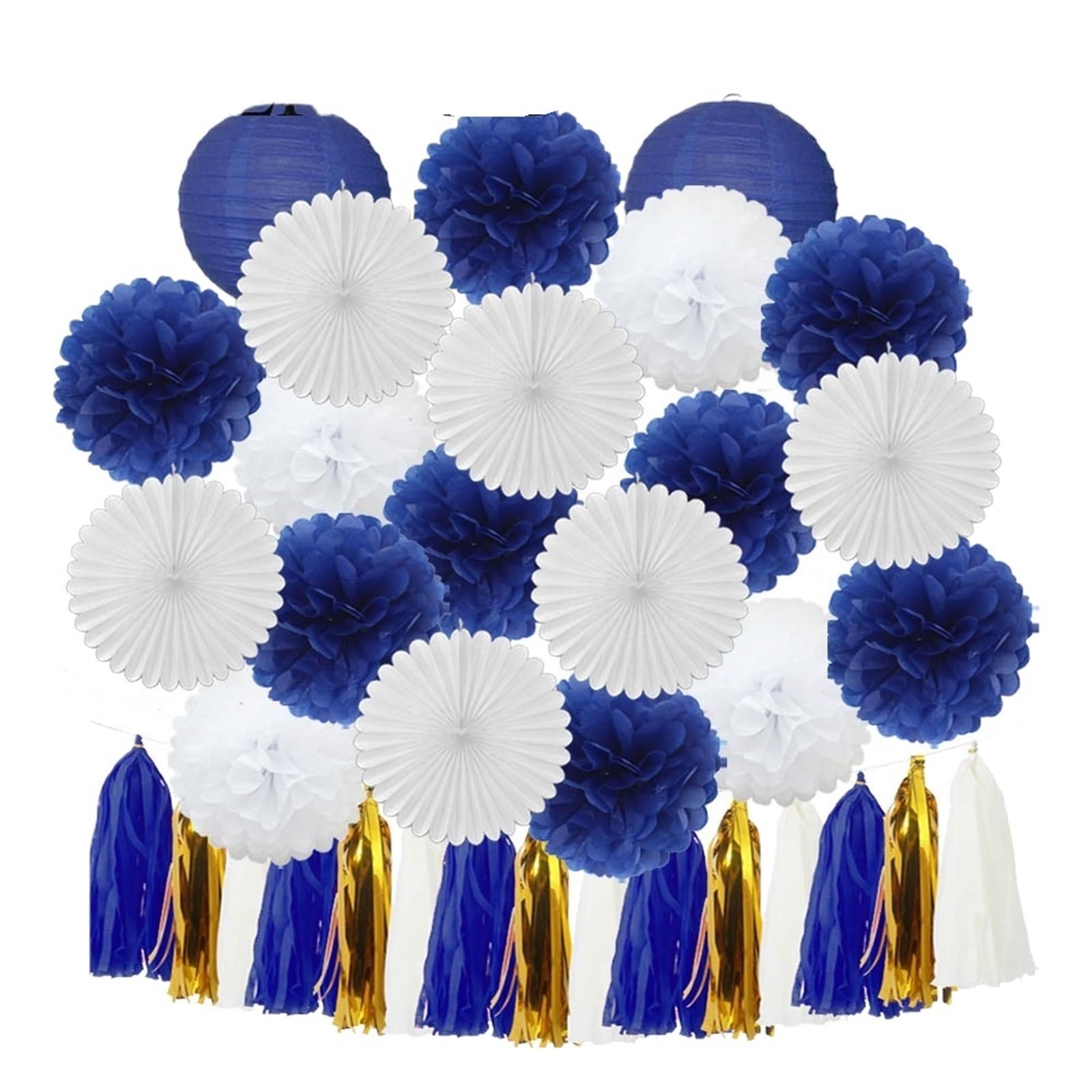 Paper Lanterns Boy Birthday Party Favor Hanging Paper Lantern Fan Wedding Decor Blue White Set Tissue Pompom Tassel(Dark Blue Set)