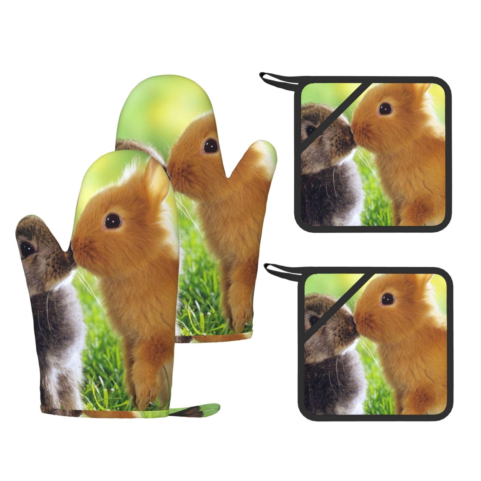 Amor de Conejo Impreso,Juego de 4 Manoplas y agarraderas para Horno, Guantes de Cocina Antideslizantes y Resistentes al Calor.