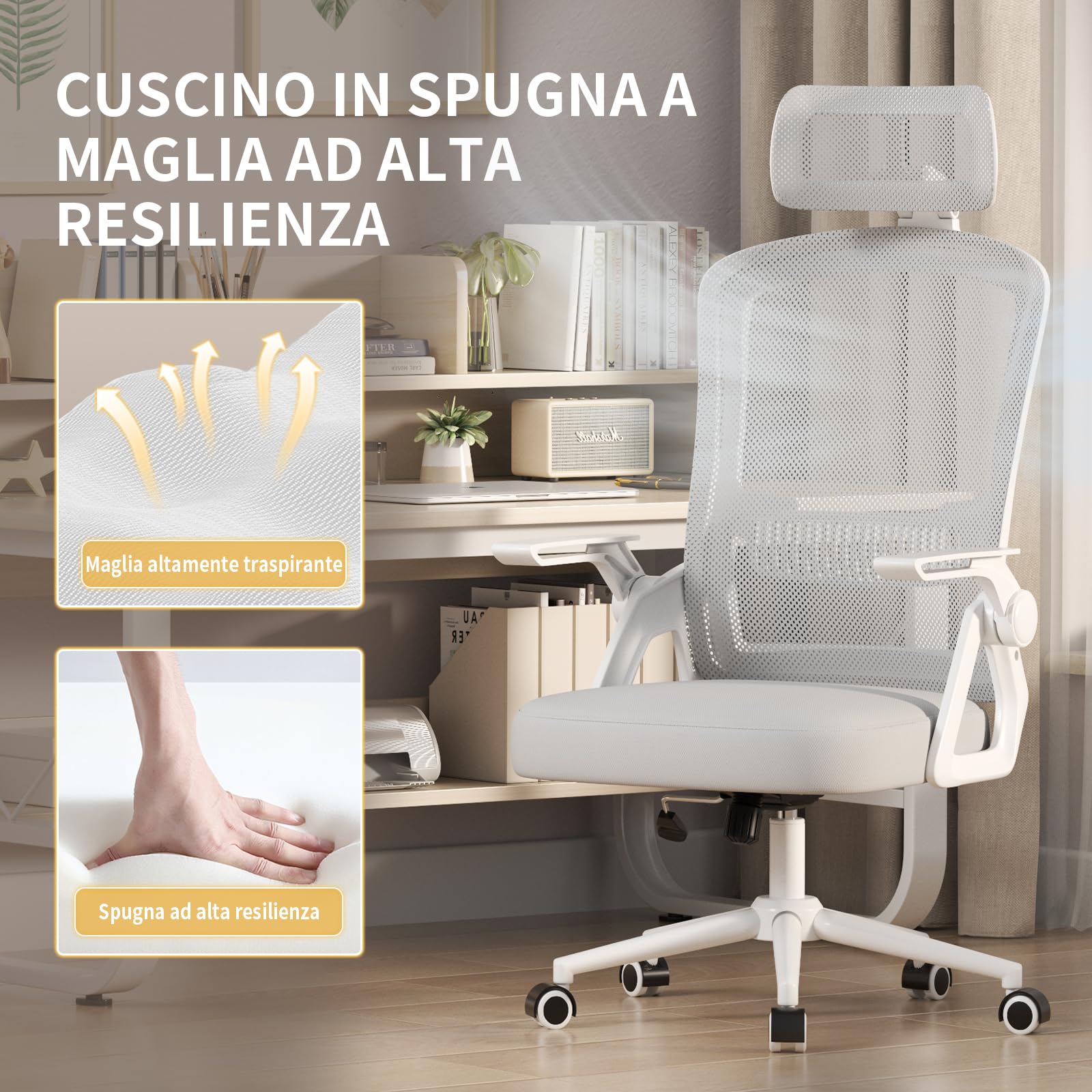 naspaluro Sedia da Ufficio Scrivania Ergonomica, Con Braccioli Pieghevoli, Altezza Regolabile, Seduta e Schienale in Rete Respirante, Girevole con Ruote, Funzione Oscillante Grigio