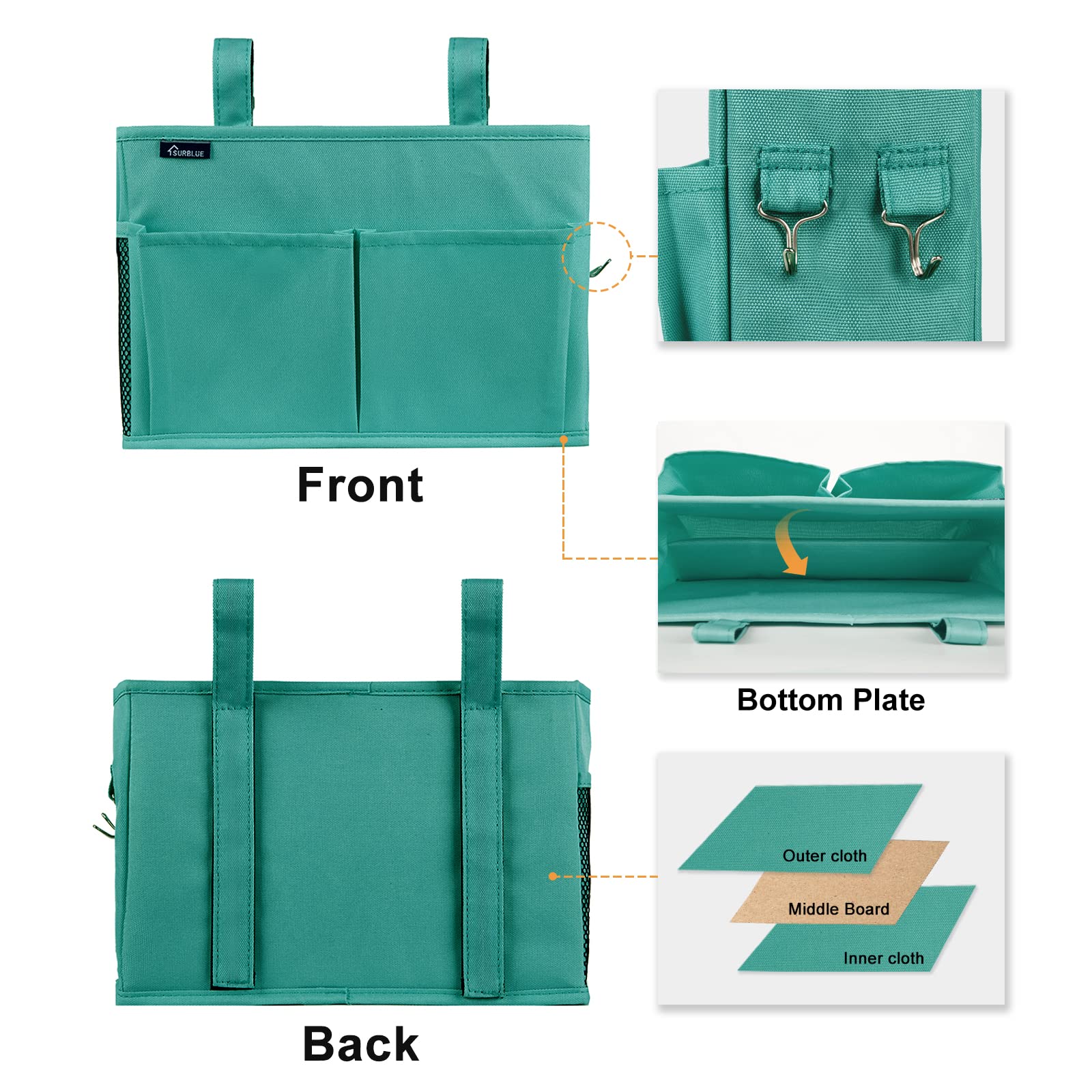 Surblue Caddy Hanging Organizer Bedside Storage Bag for Bunk and Hospital Beds Teal, Small - Image 2
