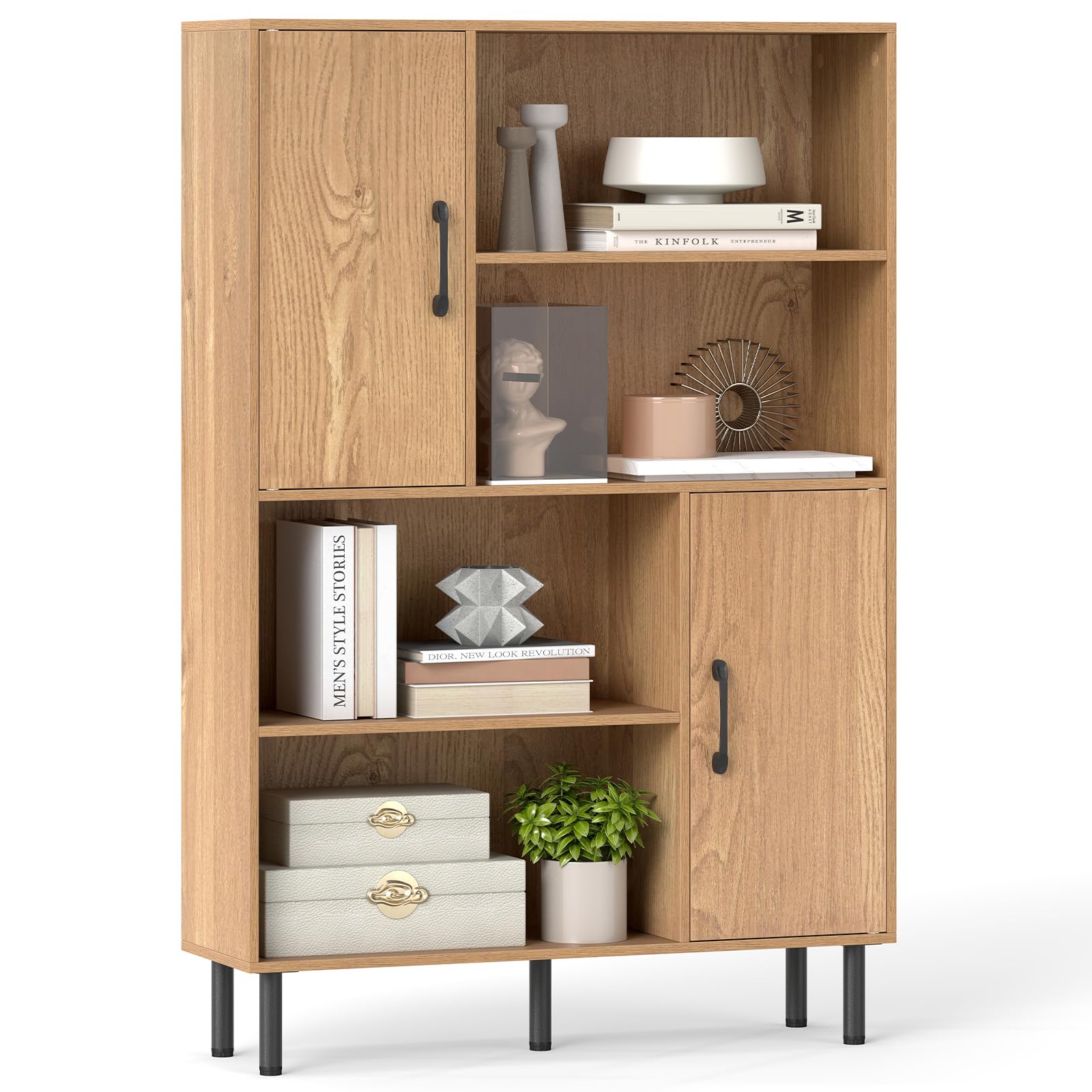 COSTWAY Wooden Bookcase, 4 Cube Storage Cabinet with 2 Doors (Natural)