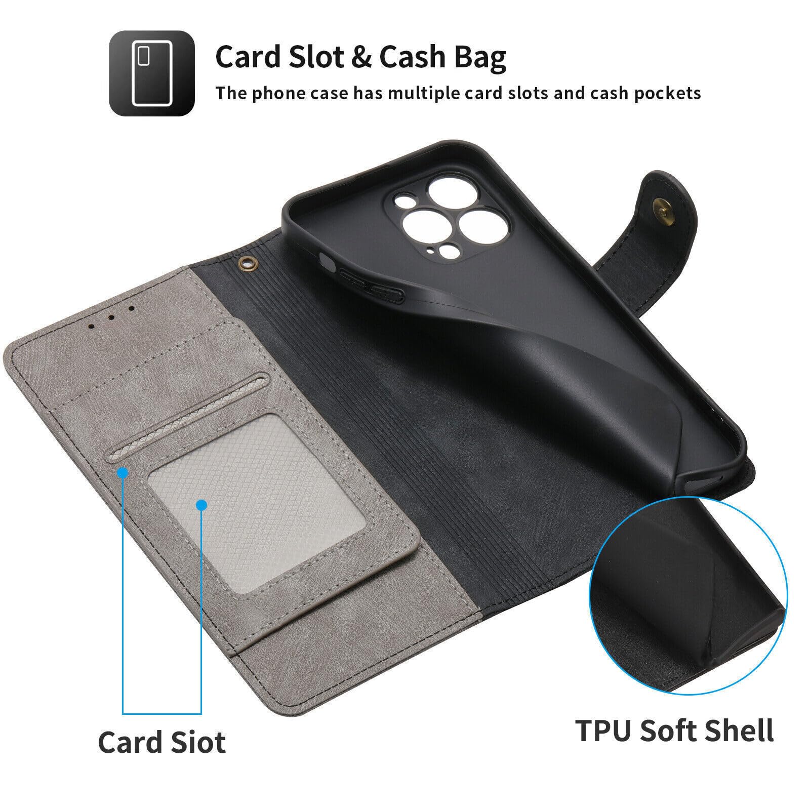 Generic etui kompatybilne z iPhone 15 PRO MAX (kolor: czarny/szary) stylowy skórzany portfel magnetyczne etui z klapką z uchwytem na karty