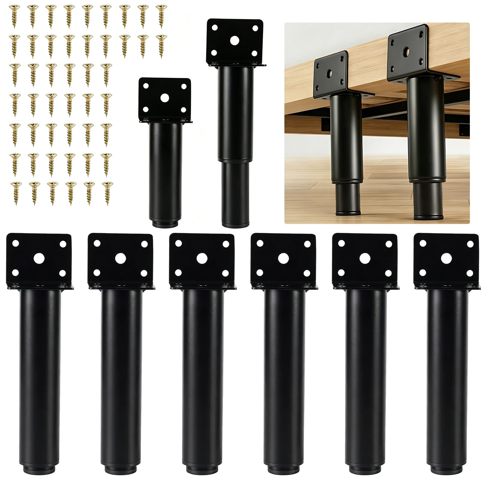 TVYTYAT Adjustable Furniture Legs, 18-30cm Height Adjustable Metal Support Feet, Heavy Duty Black Replacement Legs for Sofa, Cabinet, Bed, Desk, Non-Slip Floor Protector