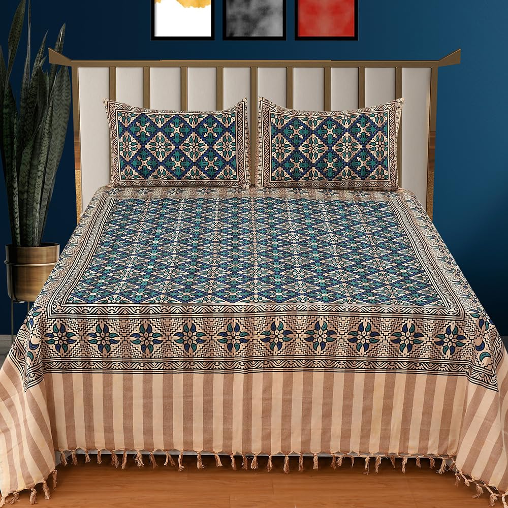 BSB HOME 100% Cotton Handloom Indian Khadi Bedsheet with Traditional Block Print Jaipuri Designs Handmade Woven Striped 90 x 100 inch 210 Threadcount - Beige and Blue (B0CYHBC5Y1) Amazon Price History, Amazon Price Tracker