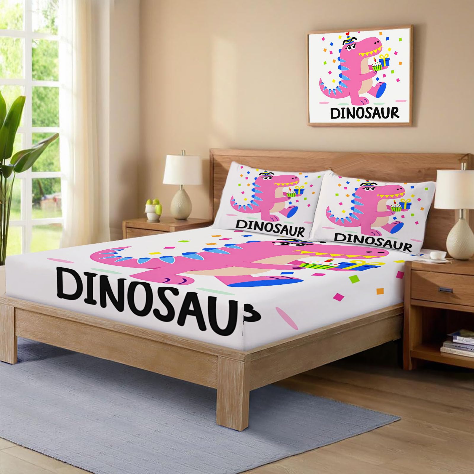Drap Housse Bonnet 30 Cm, Ajustable Housse Matelas 3 Personne, Drap De Lit Poudre Blush Microfibre, Doux Respirant Machine, Motif De Dinosaure De Dessin Animé (Joyeux Anniversaire, 180X200Cm)