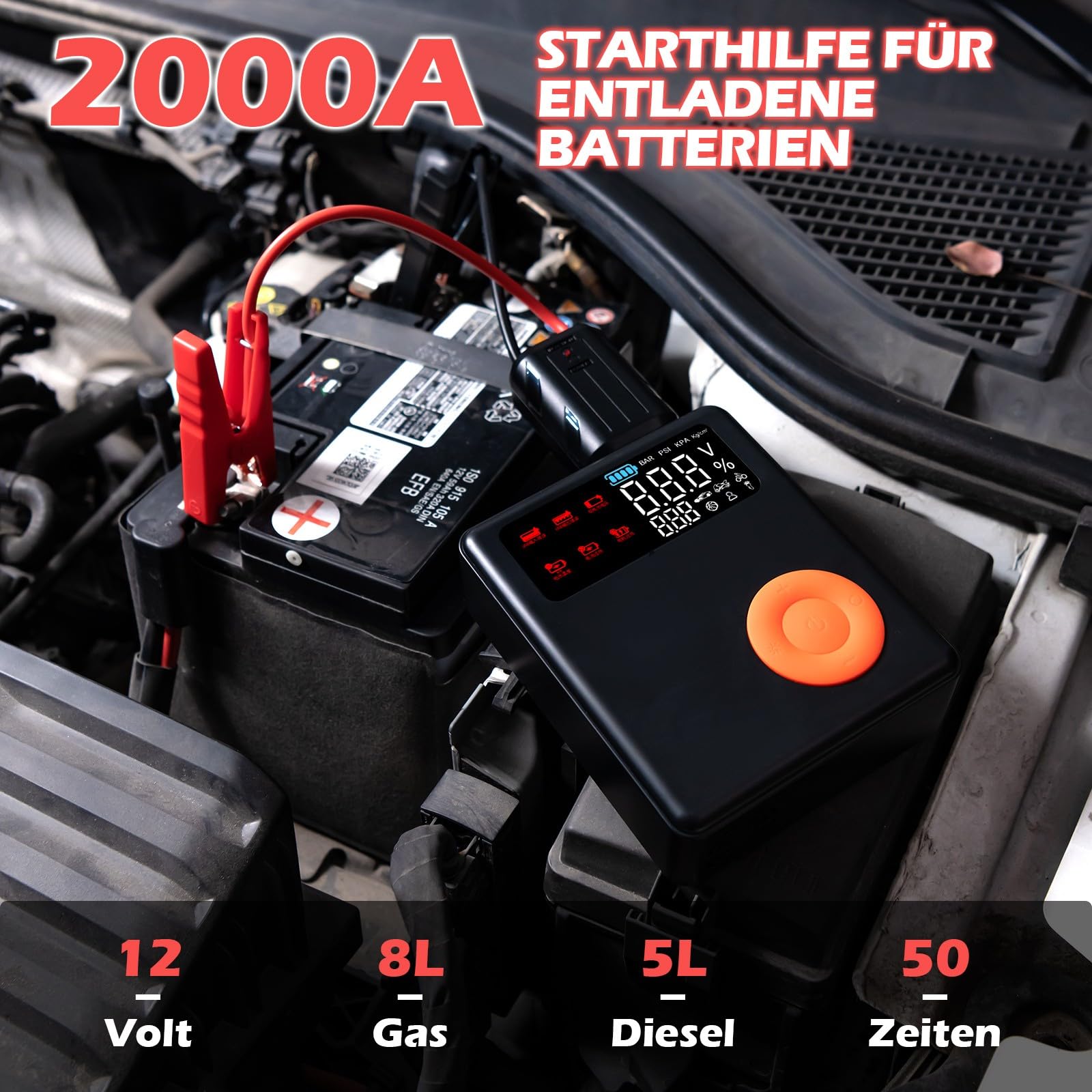 GYMAX Arrancador de Baterías para Coche, 2000A, 12V (para Motores de hasta 8.0L de Gasolina o 5L de Diésel), Arrancador de Coches Portatil con Carga Rápida USB y Linterna LED de Emergencia