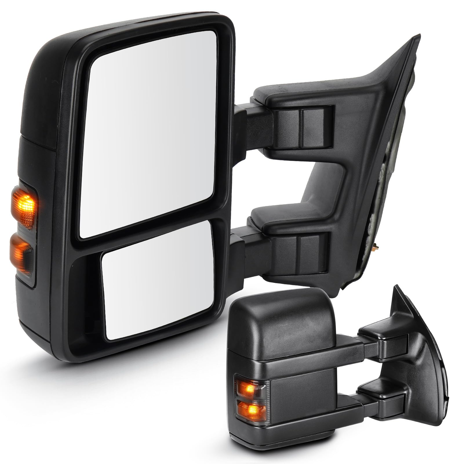 Pair of Towing Mirrors Fit for Ford F-250 F-350 Super Duty 2008-2016, with Power Heated, Turn Signal Smoke-Light, Manual Folding/Telescoping and Power Adjustable Glass